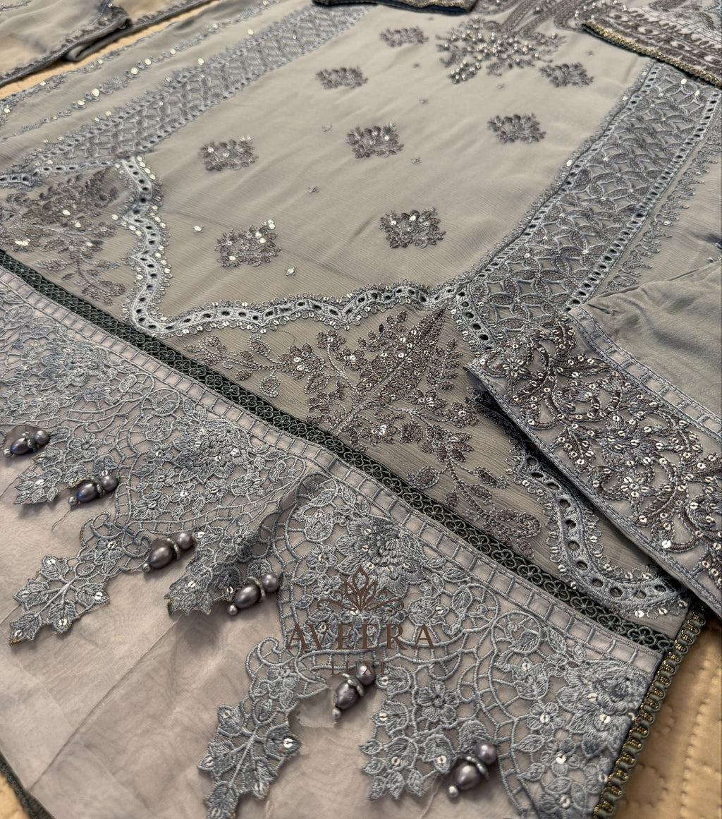 Premium Chiffon & Silk 3-Piece Designer Suit – Grey
