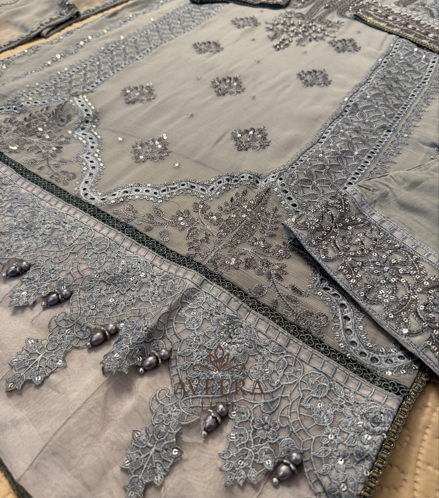 Premium Chiffon & Silk 3-Piece Designer Suit – Grey