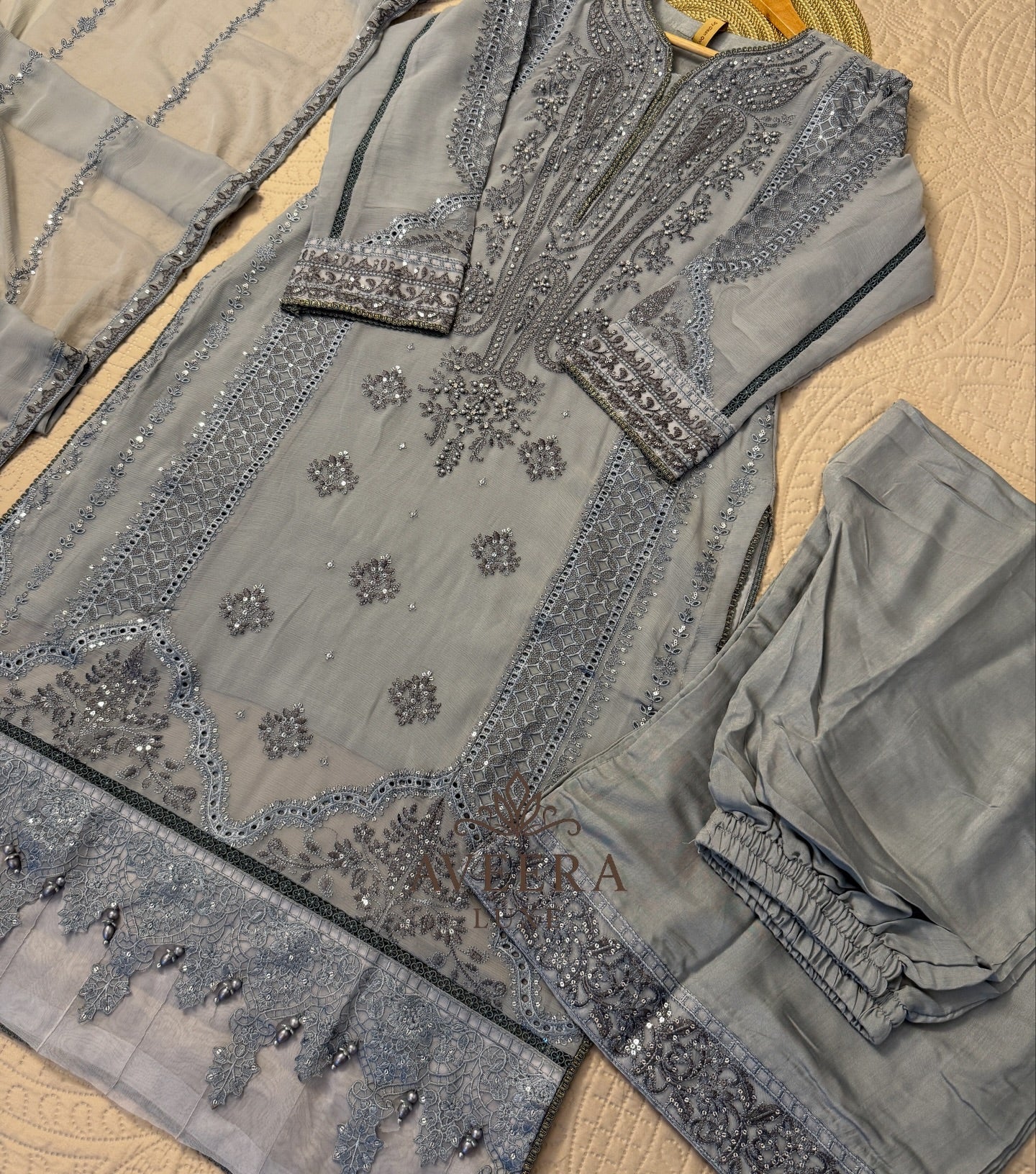 Premium Chiffon & Silk 3-Piece Designer Suit – Grey