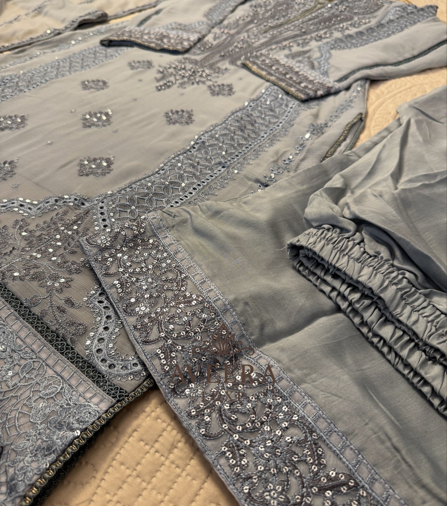 Premium Chiffon & Silk 3-Piece Designer Suit – Grey