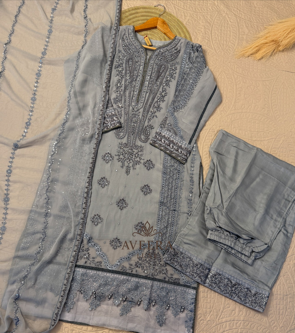 Premium Chiffon & Silk 3-Piece Designer Suit – Grey