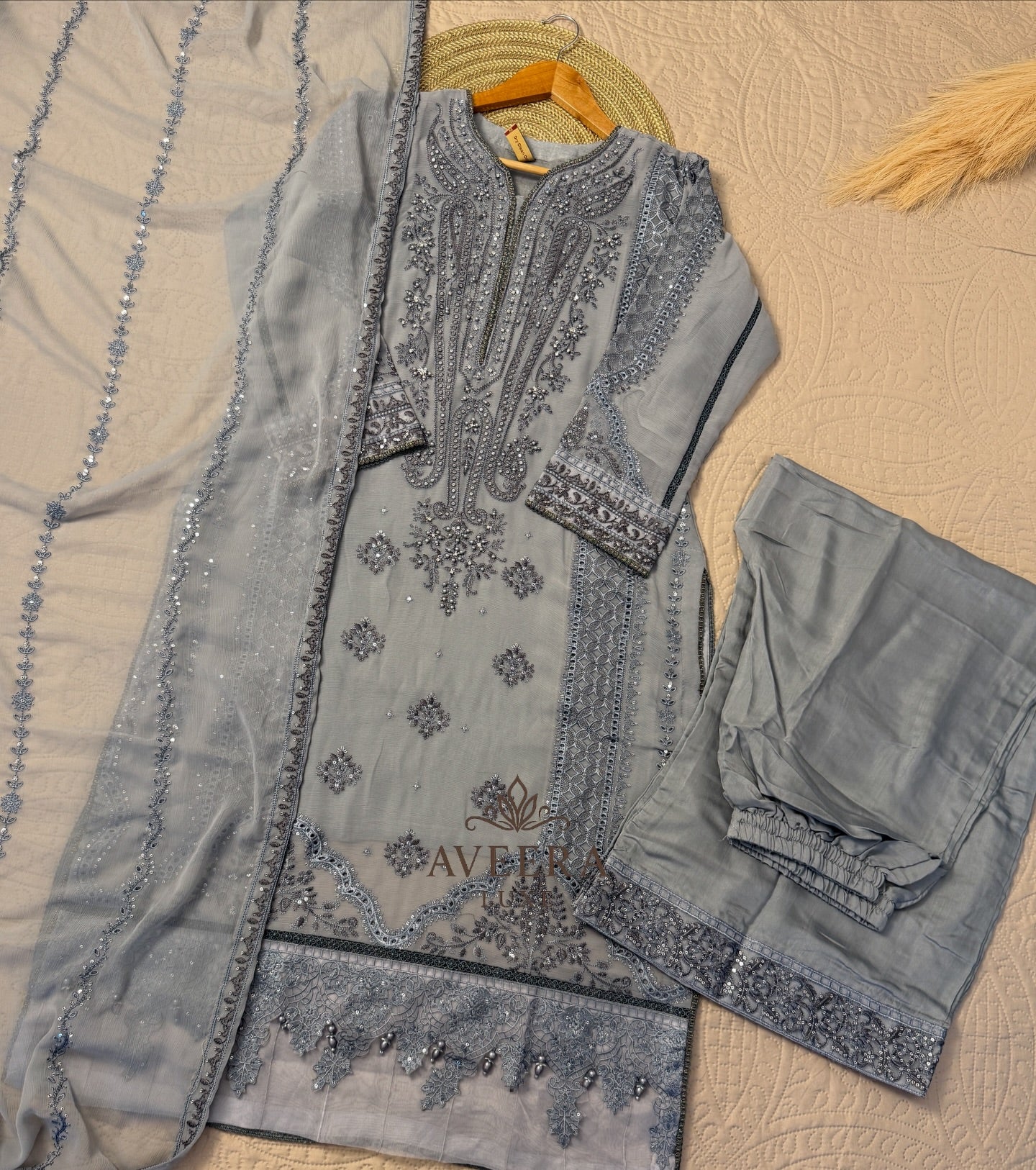 Premium Chiffon & Silk 3-Piece Designer Suit – Grey