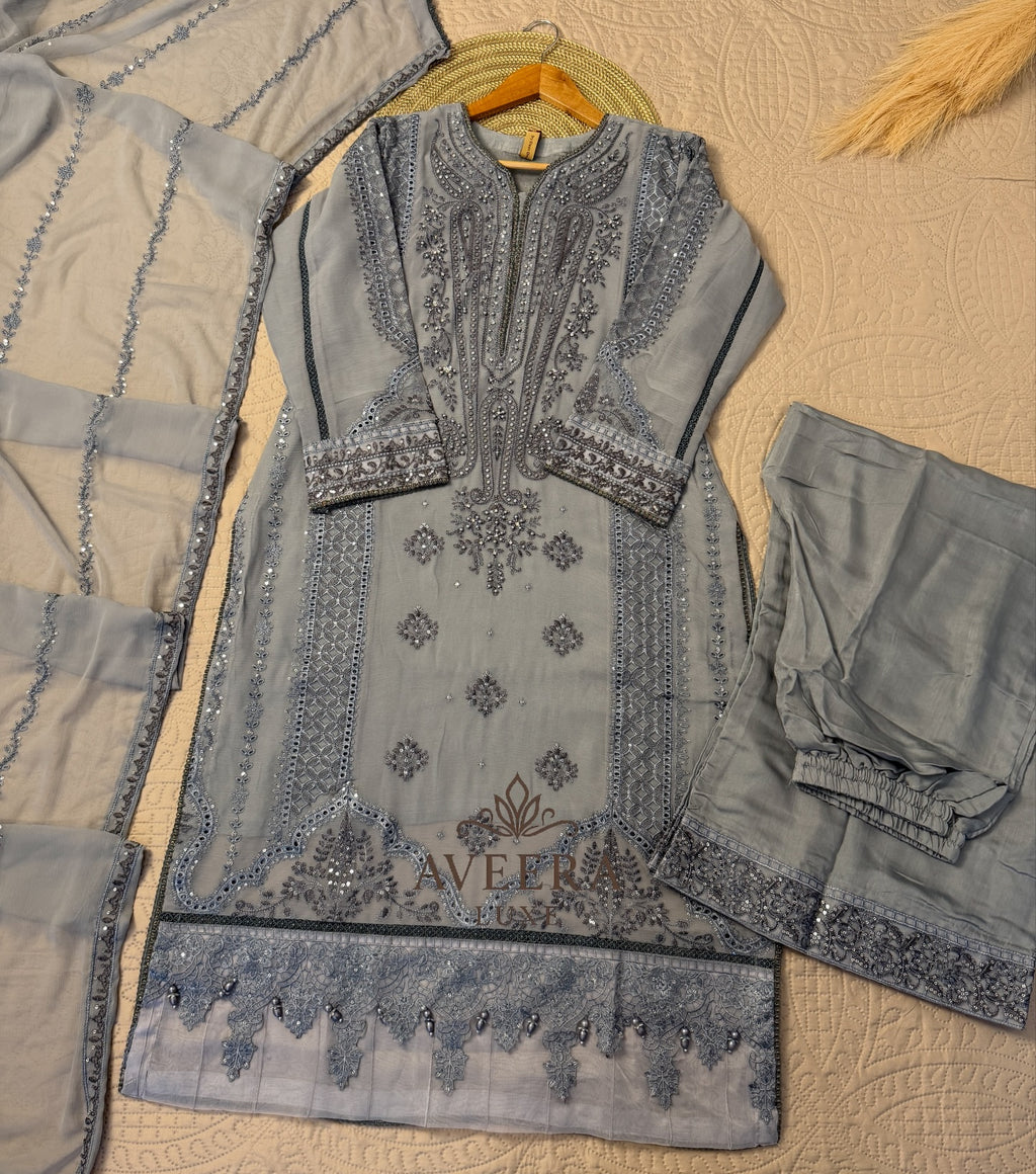 Premium Chiffon & Silk 3-Piece Designer Suit – Grey