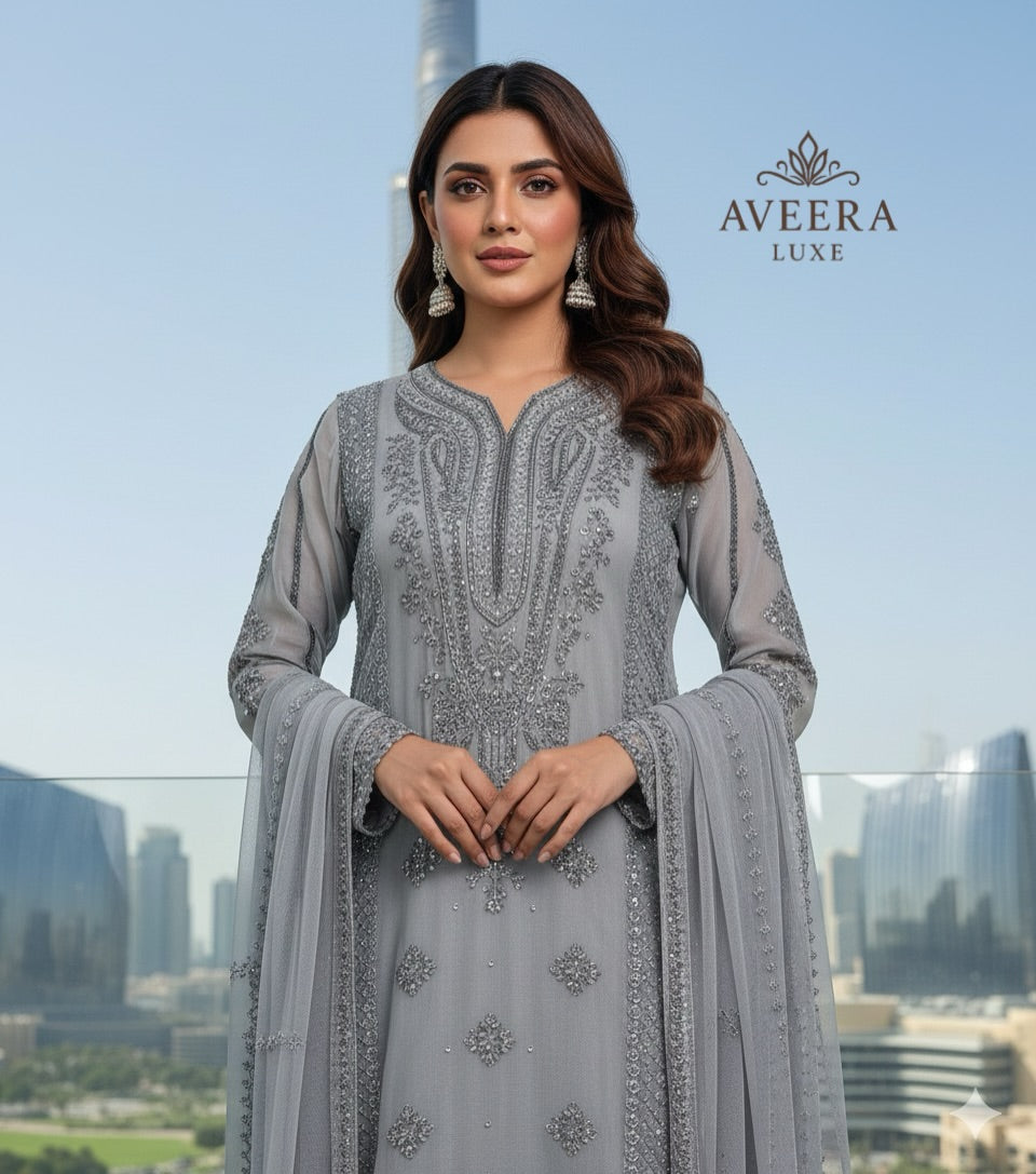 Premium Chiffon & Silk 3-Piece Designer Suit – Grey