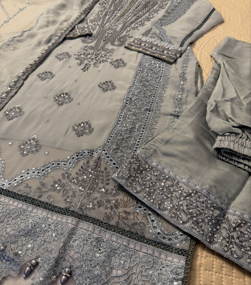 Premium Chiffon & Silk 3-Piece Designer Suit – Grey