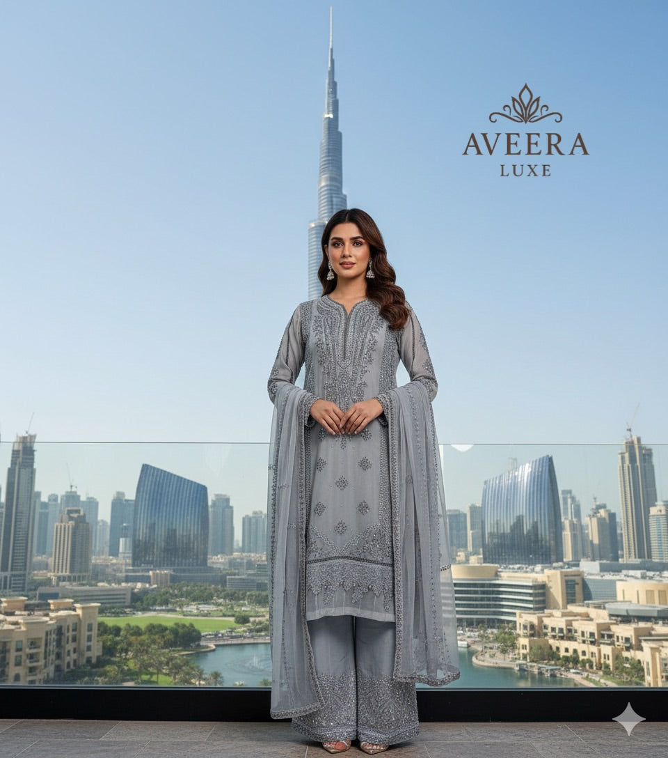 Premium Chiffon & Silk 3-Piece Designer Suit – Grey