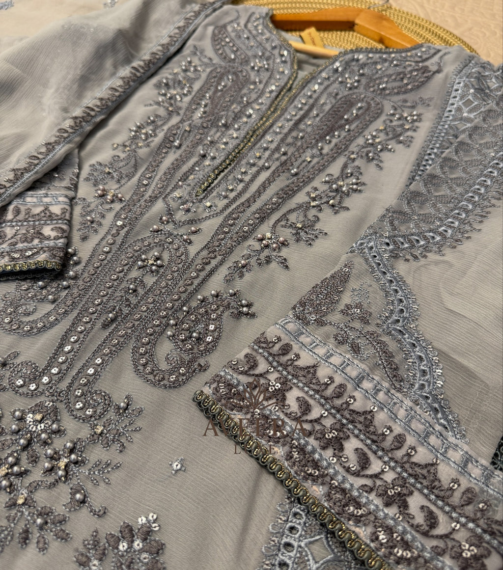 Premium Chiffon & Silk 3-Piece Designer Suit – Grey