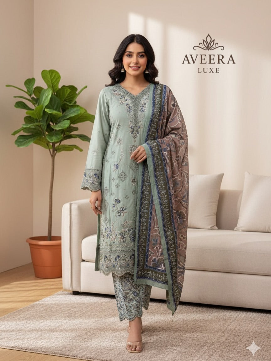 BINSAEED Luxury Cotton Embroidered 3-Piece Ready-to-Wear Suit