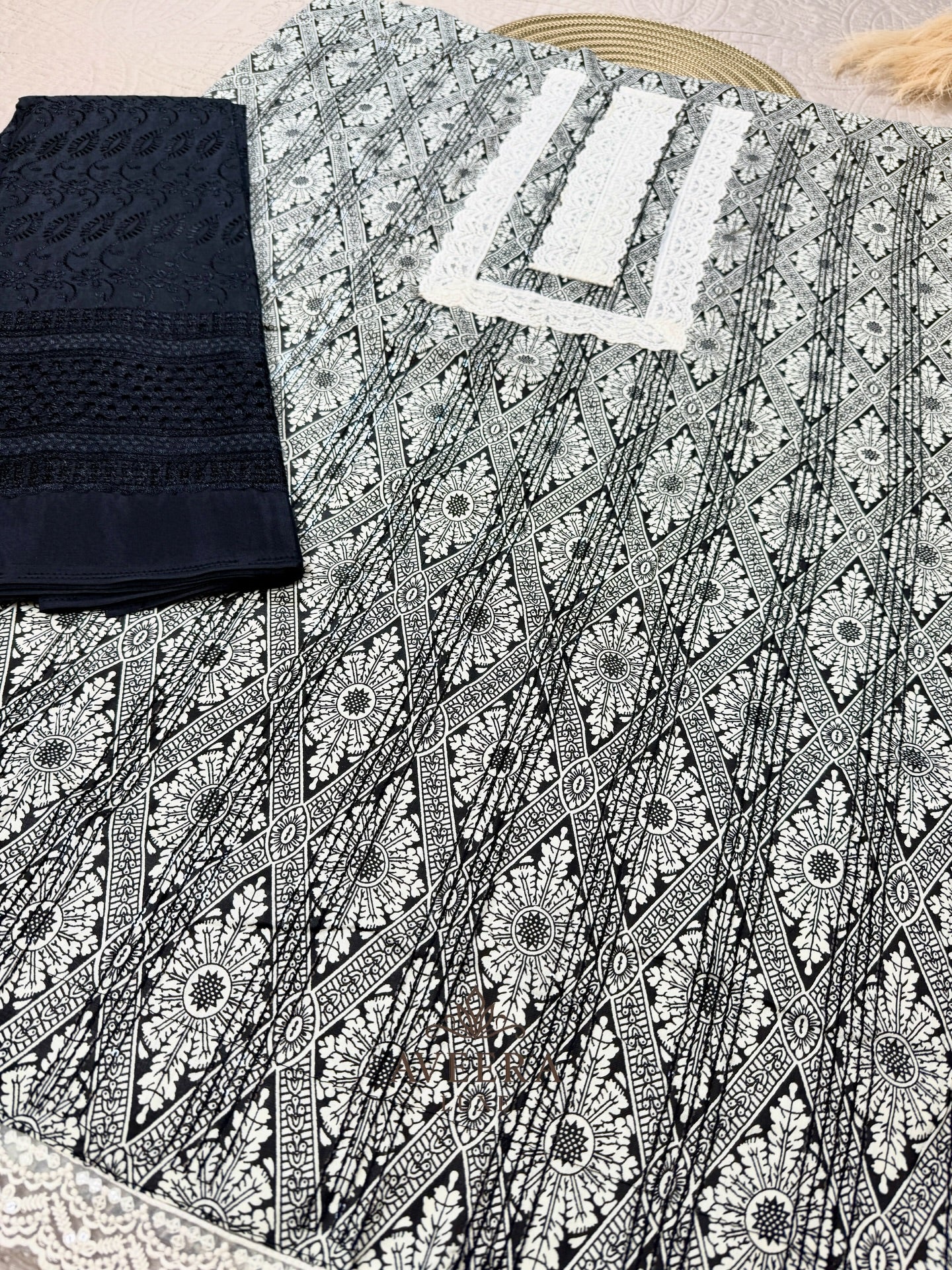 Sequin & Lace Print 2-Piece Cotton Suit