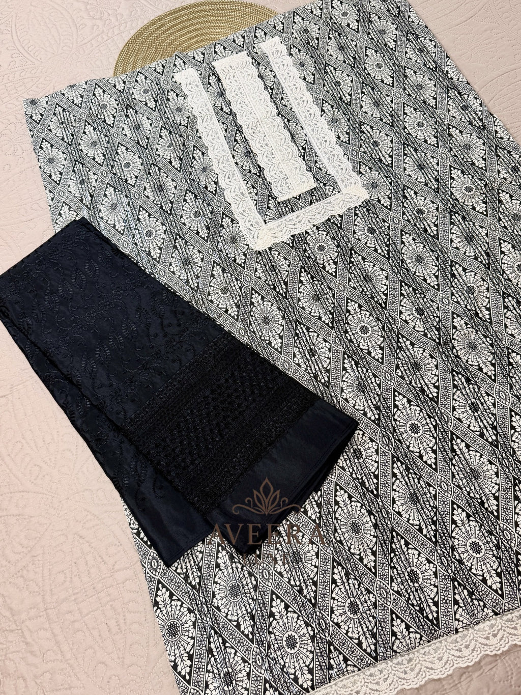 Sequin & Lace Print 2-Piece Cotton Suit