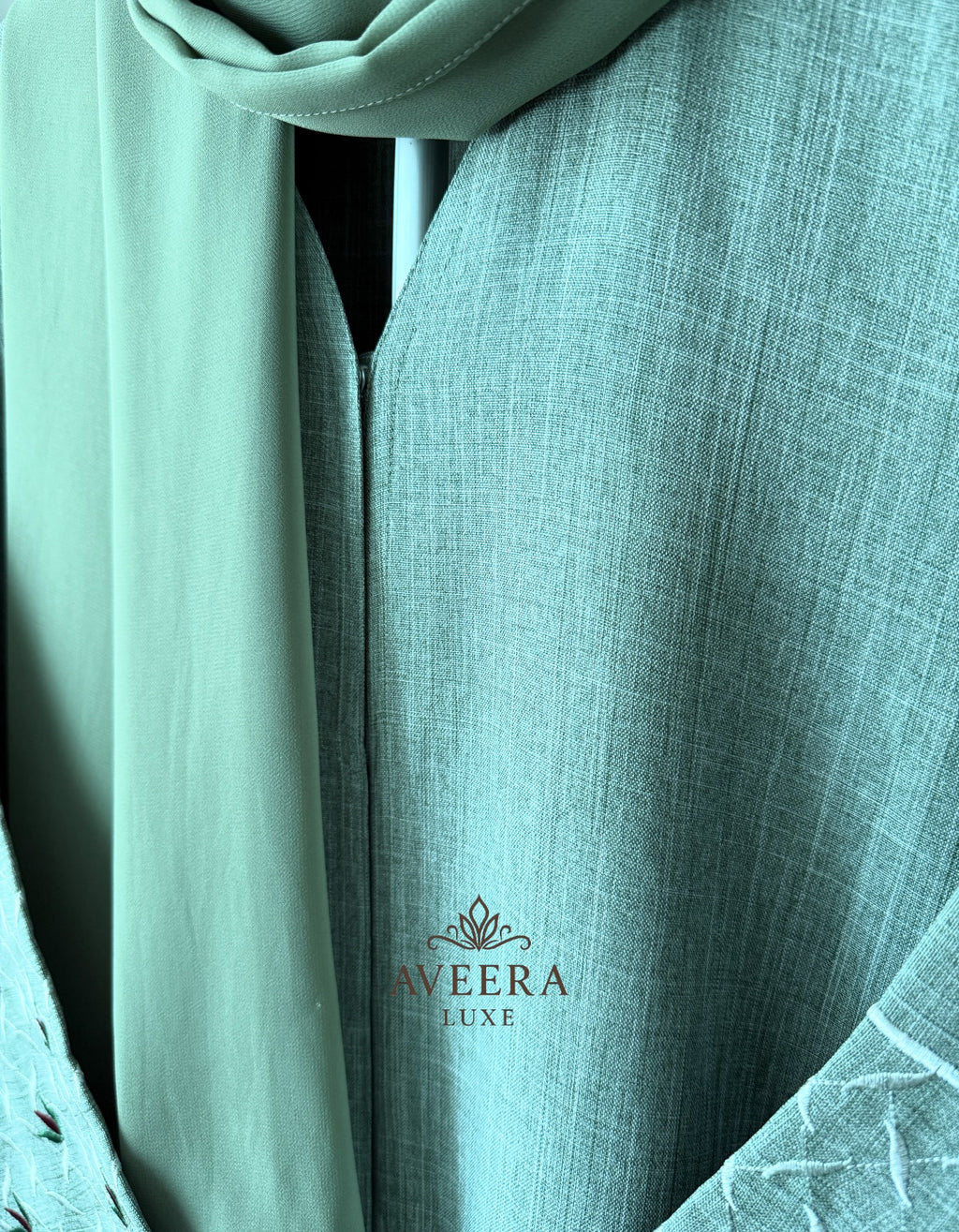 Embroidered Sleeve Premium Linen Abaya – Sage Green