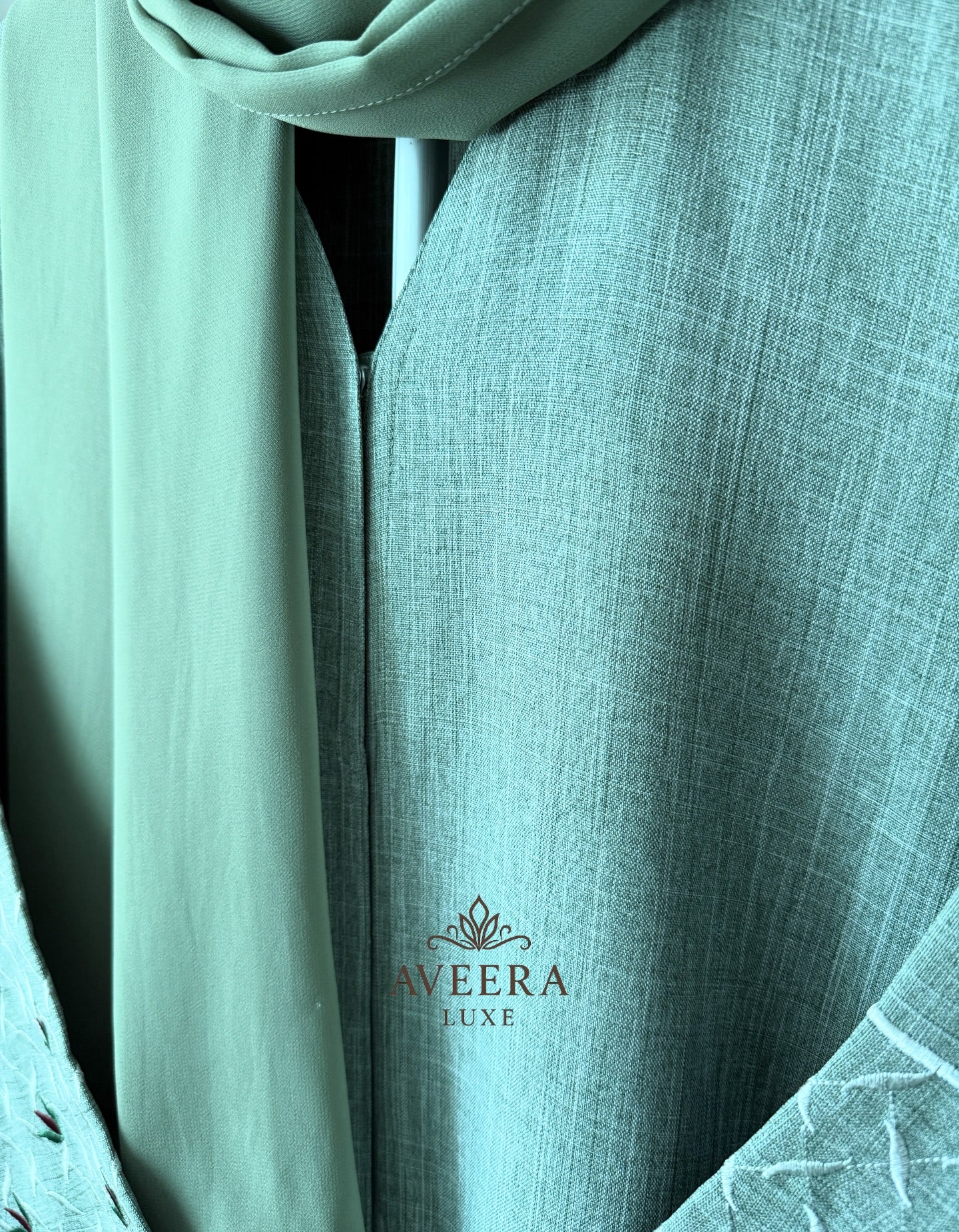 Embroidered Sleeve Premium Linen Abaya – Sage Green