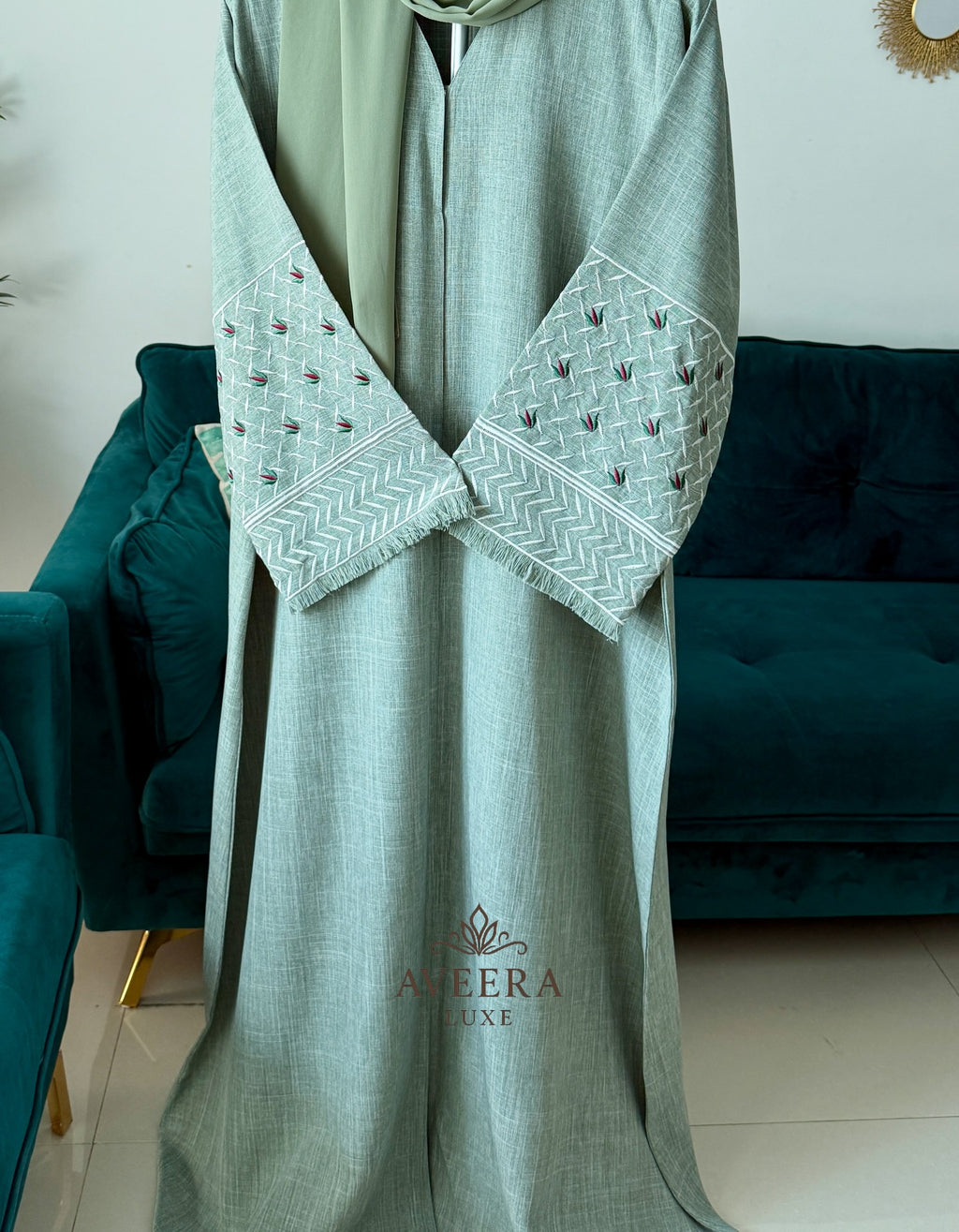 Embroidered Sleeve Premium Linen Abaya – Sage Green