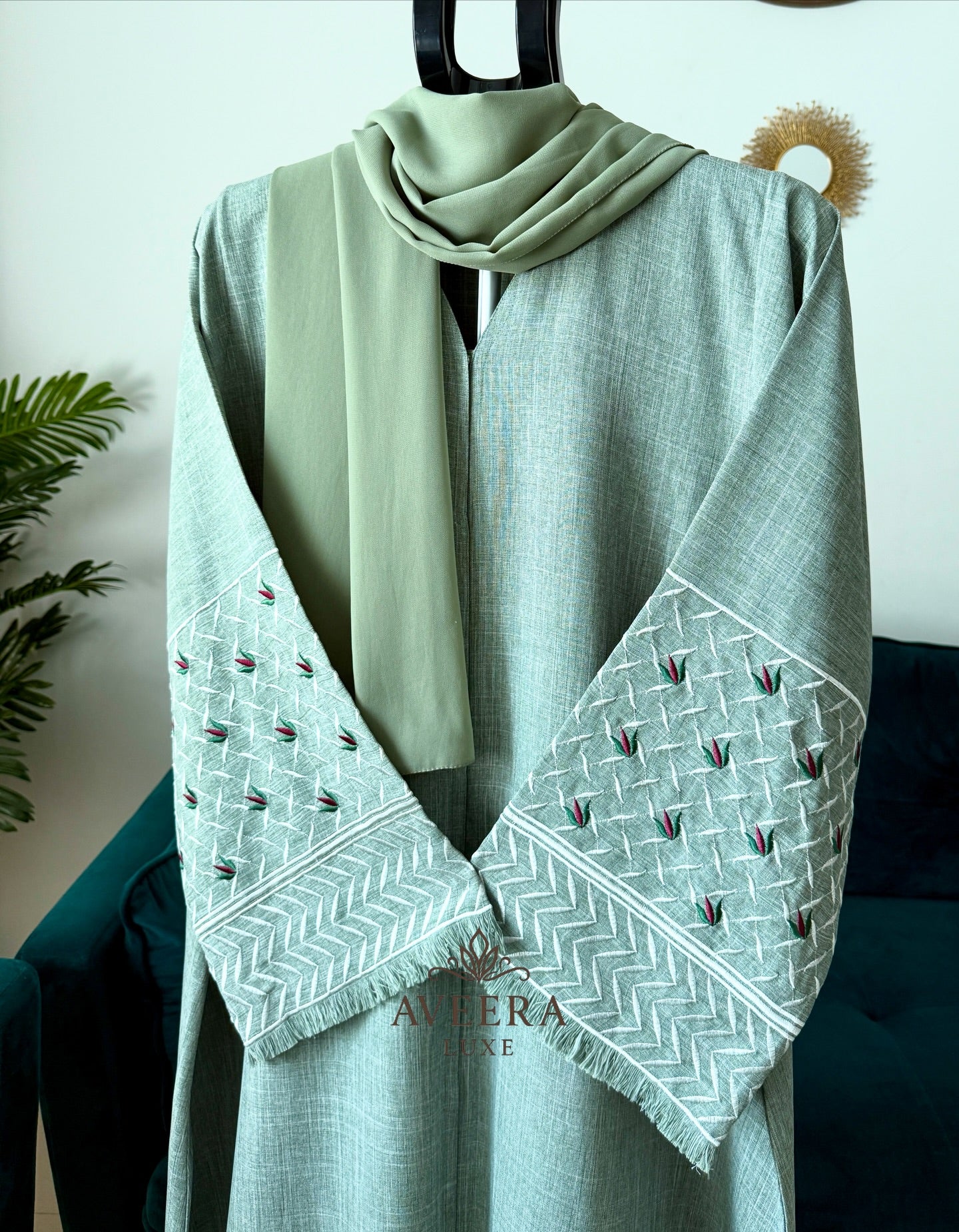 Embroidered Sleeve Premium Linen Abaya – Sage Green