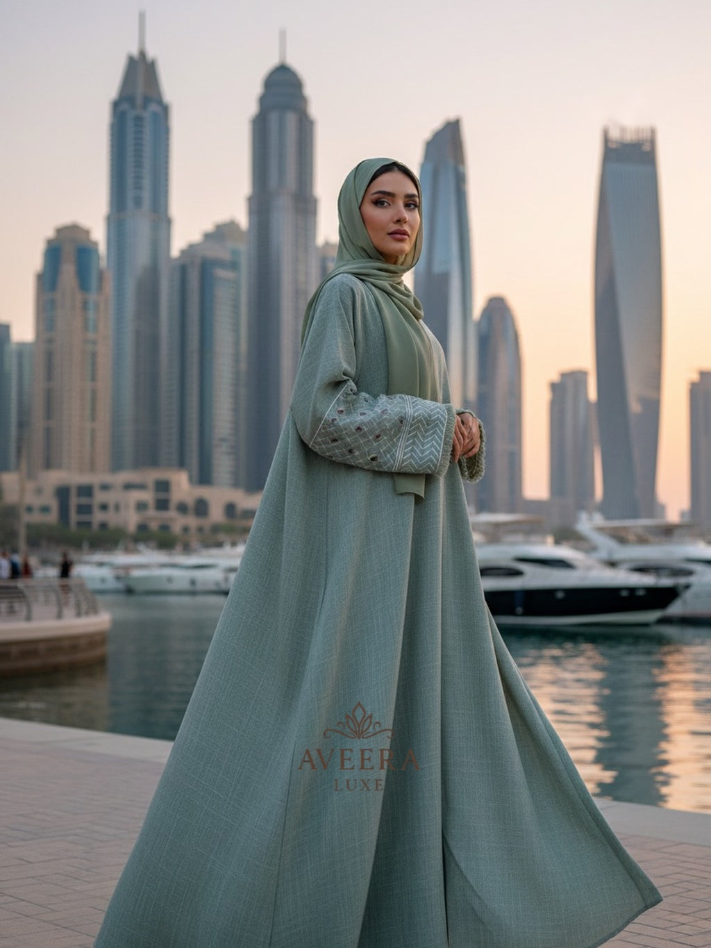 Embroidered Sleeve Premium Linen Abaya – Sage Green