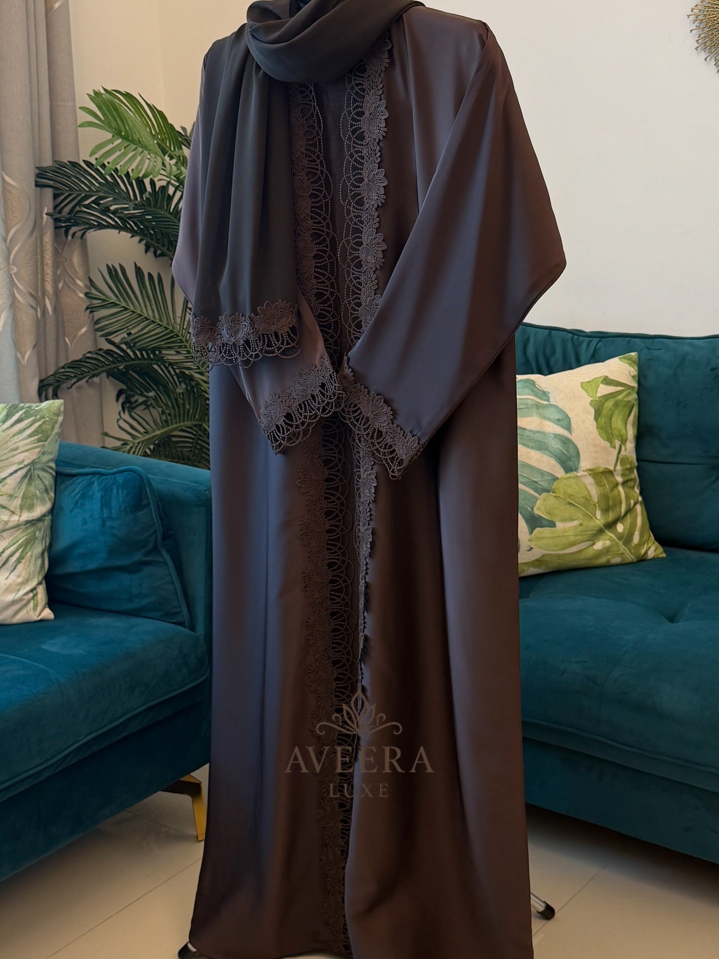Lace Detail TikTok Fabric 2-Piece Abaya – Dark Brown