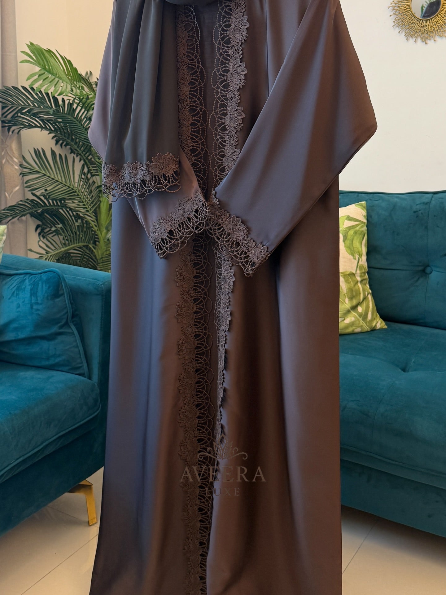 Lace Detail TikTok Fabric 2-Piece Abaya – Dark Brown