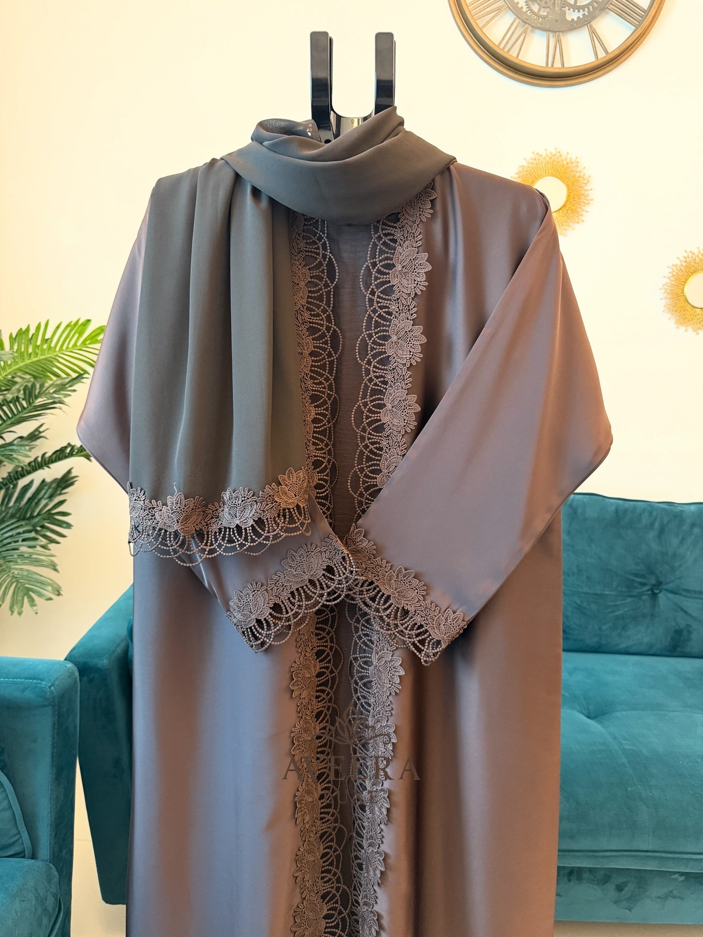 Lace Detail TikTok Fabric 2-Piece Abaya – Dark Brown