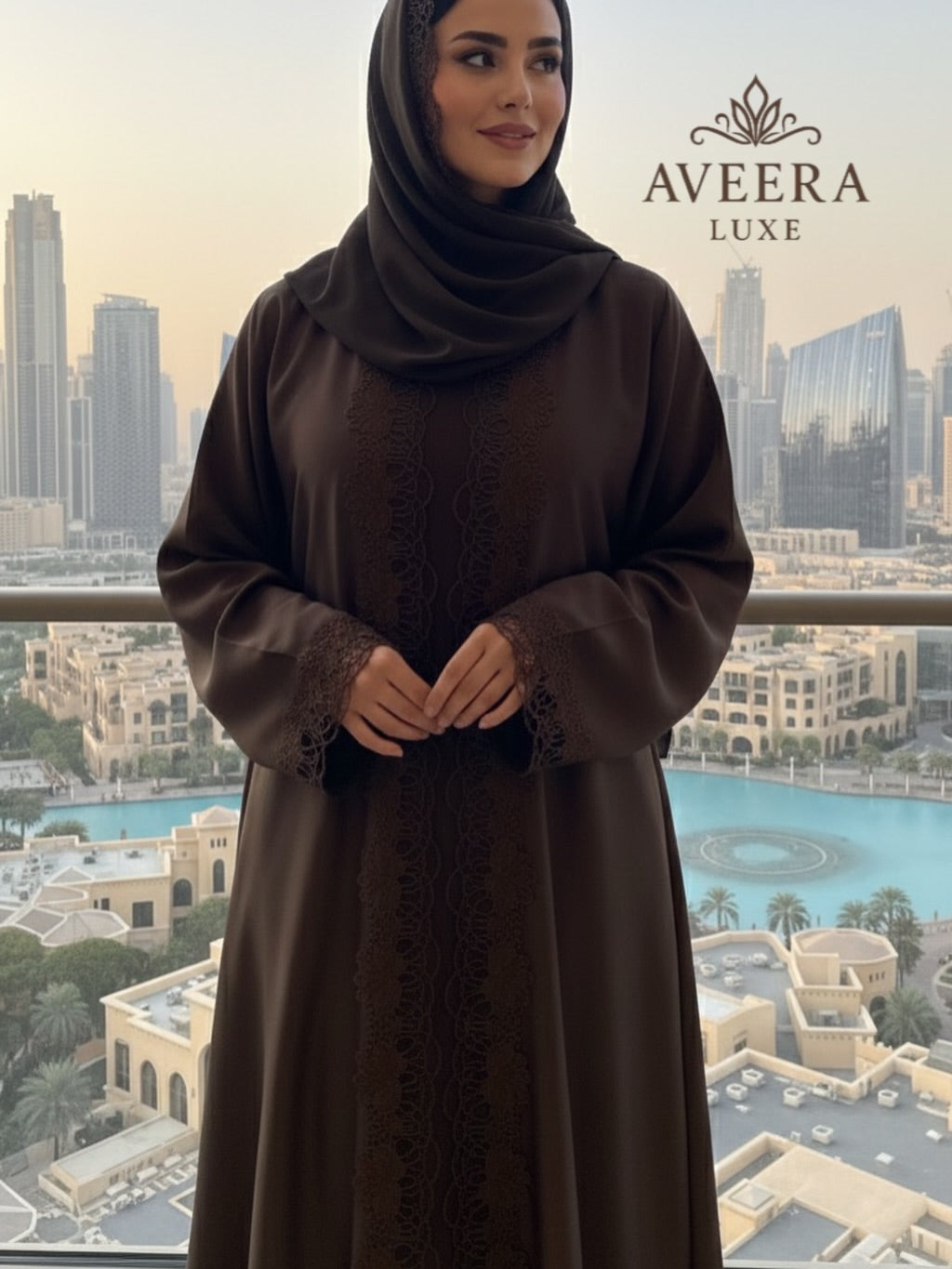Lace Detail TikTok Fabric 2-Piece Abaya – Dark Brown