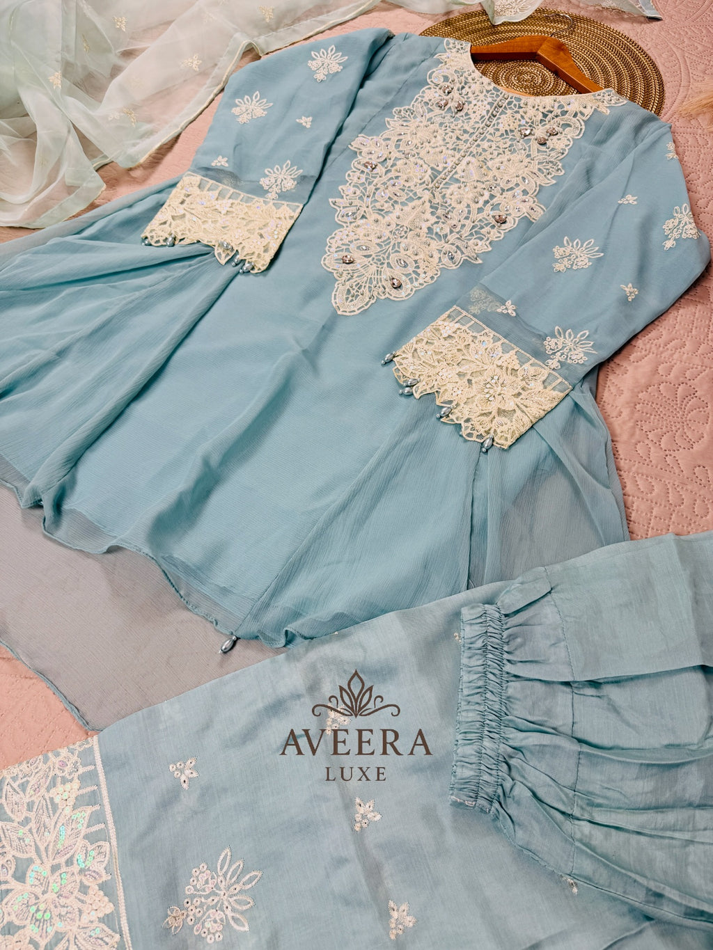 Embroidered Organza 3-Piece Party Wear Suit