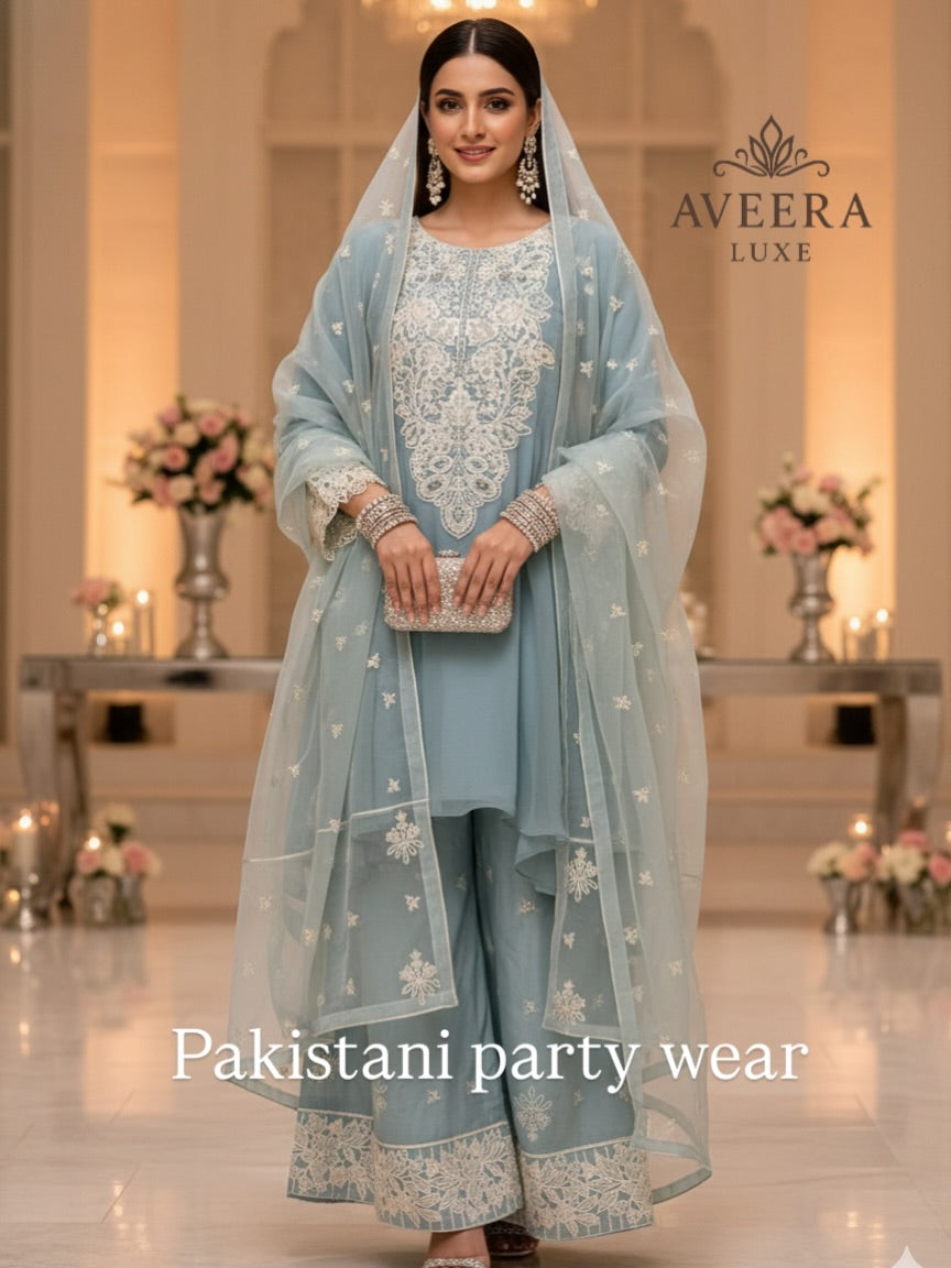 Embroidered Organza 3-Piece Party Wear Suit