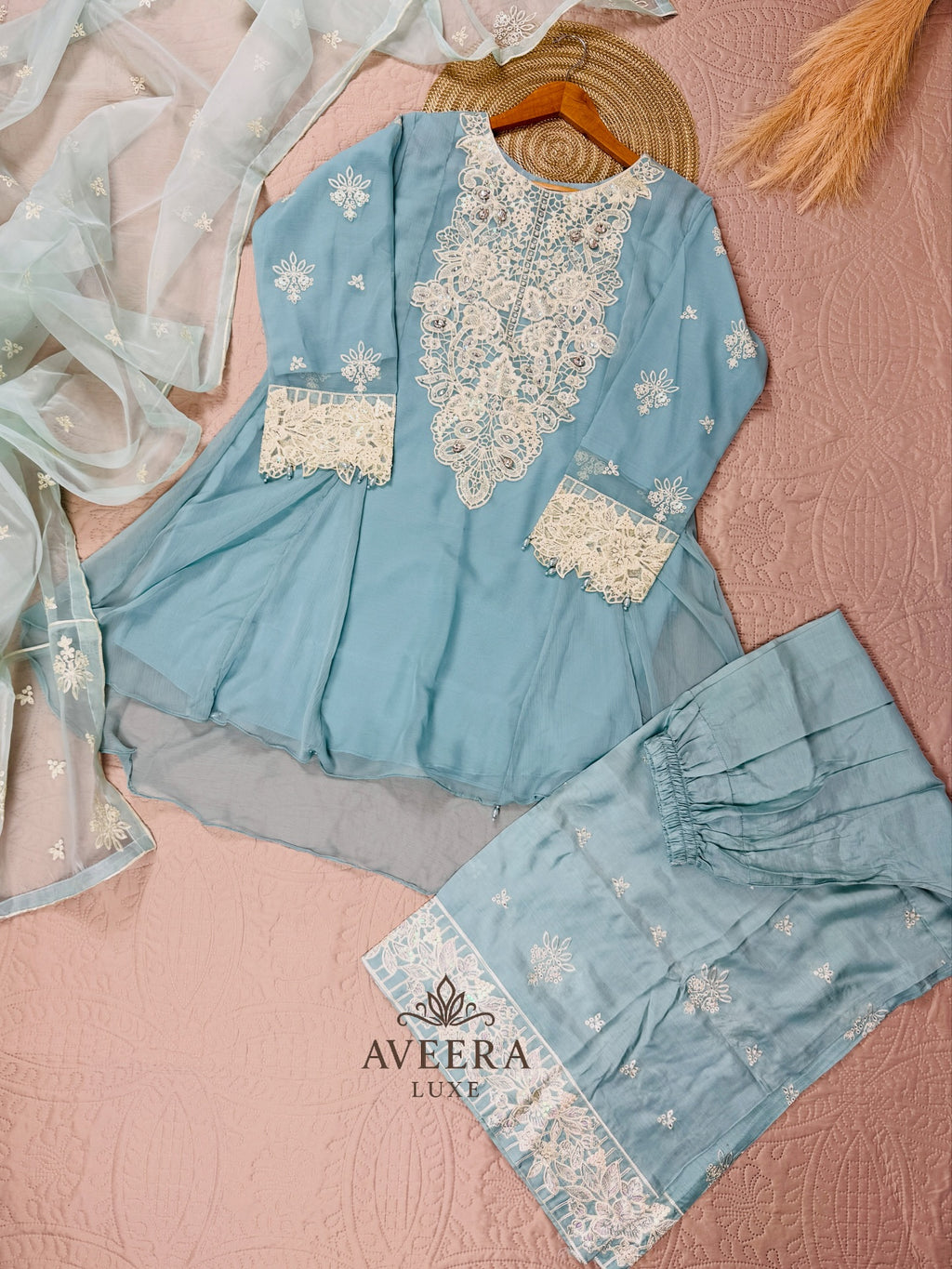Embroidered Organza 3-Piece Party Wear Suit
