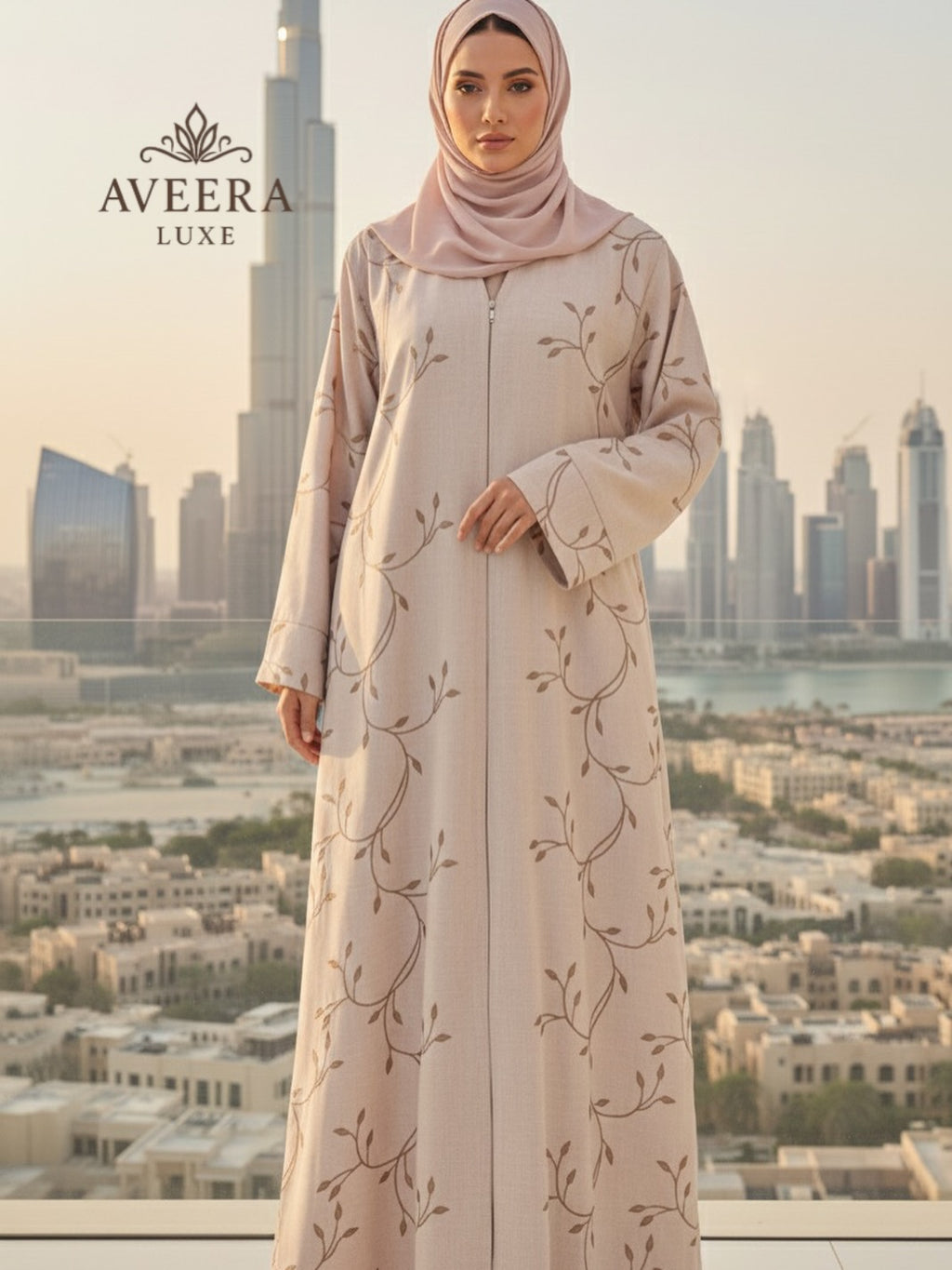 Vine Embroidery Linen-Finish Crepe Abaya