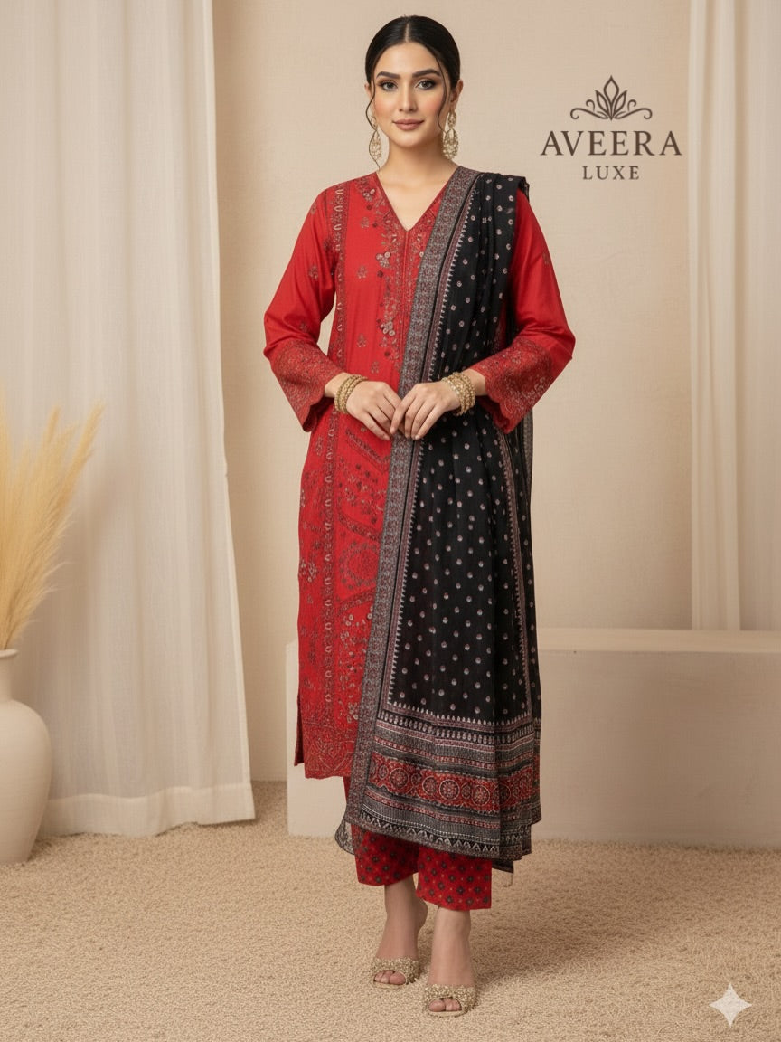 Bin Saeed Luxury Exclusive Cotton Embroidered 3-Piece Stitched Suit 2025 (S/M/L)