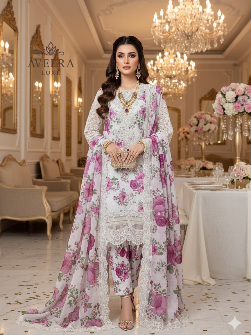 Maria B-Inspired Embroidered Chiffon Party Wear Suit with Silk Satin & Sheer Dupatta (S/M/L)