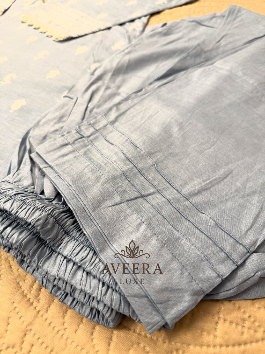 Pakistani Premium Cotton 3-Piece Shalwar Suit in Dusty Blue with Block Print & Pearl Buttons (M/L)