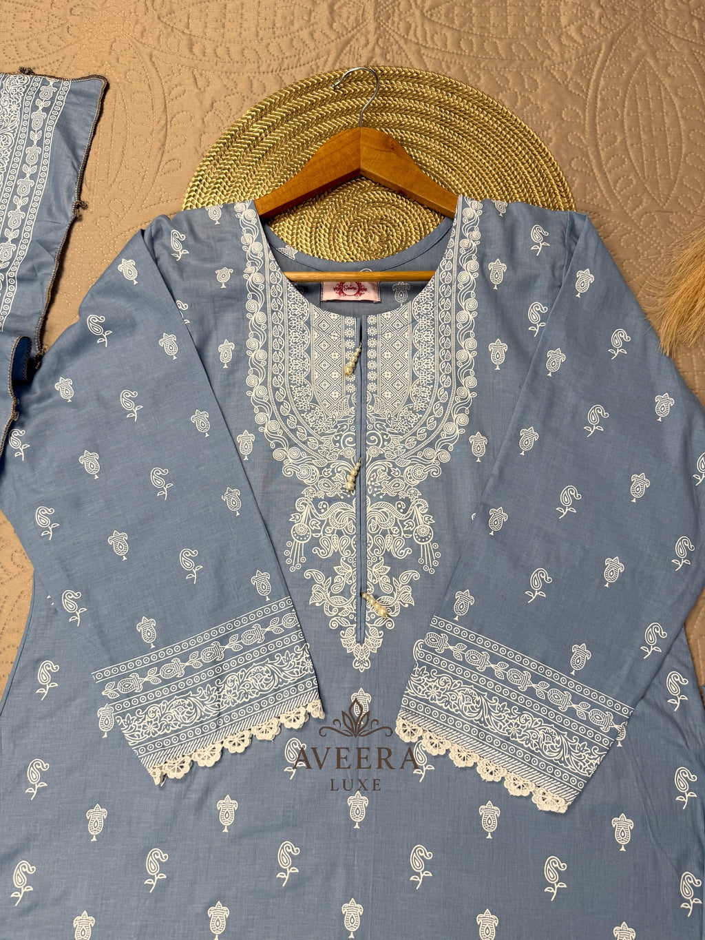 Pakistani Premium Cotton 3-Piece Shalwar Suit in Dusty Blue with Block Print & Pearl Buttons (M/L)