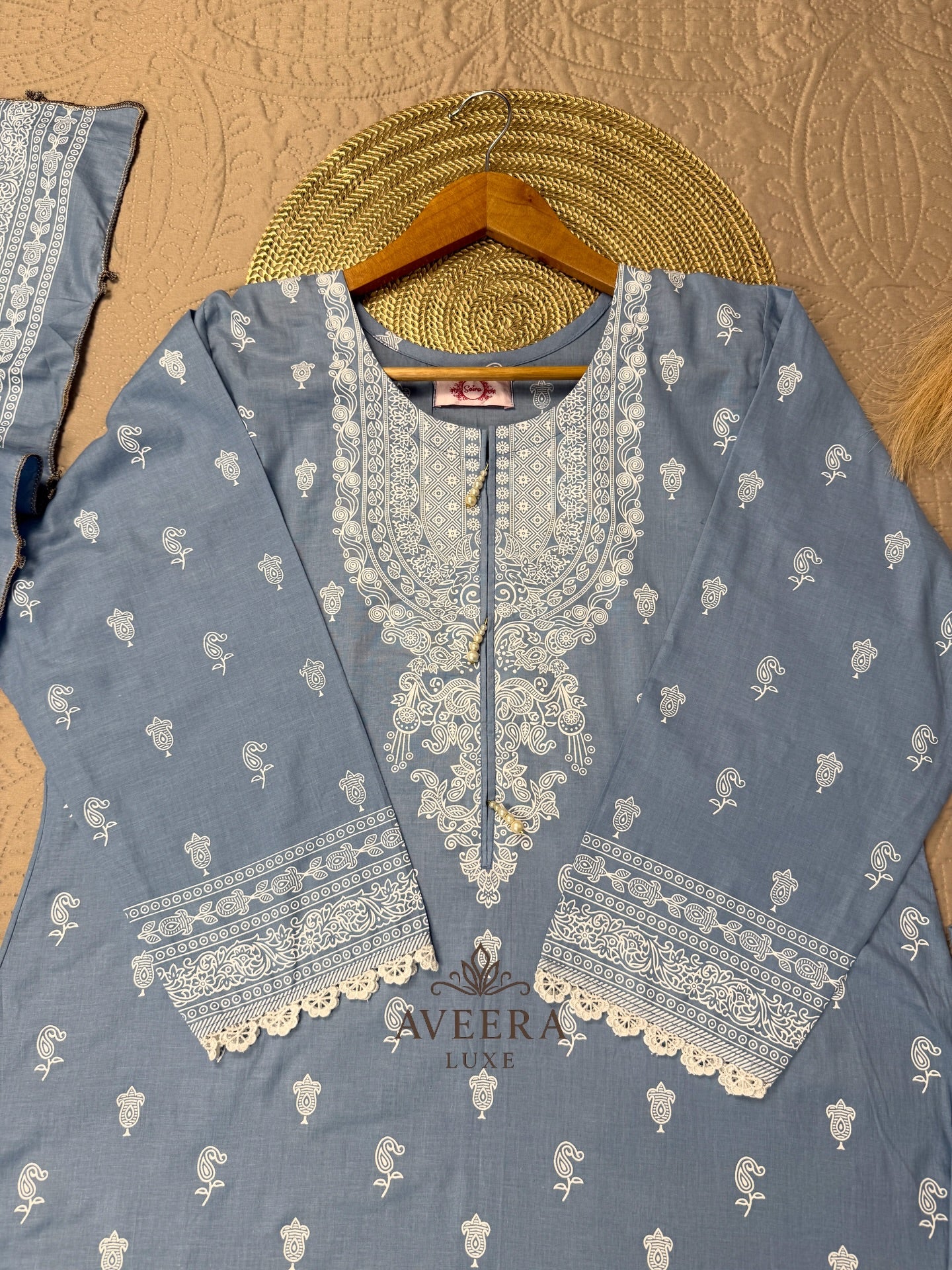 Pakistani Premium Cotton 3-Piece Shalwar Suit in Dusty Blue with Block Print & Pearl Buttons (M/L)