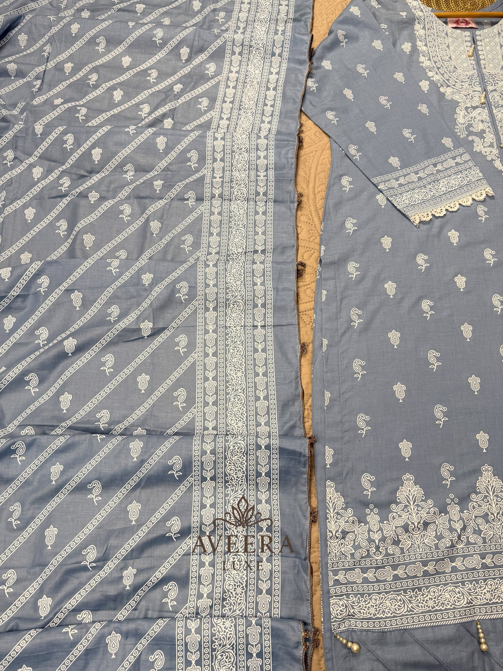 Pakistani Premium Cotton 3-Piece Shalwar Suit in Dusty Blue with Block Print & Pearl Buttons (M/L)