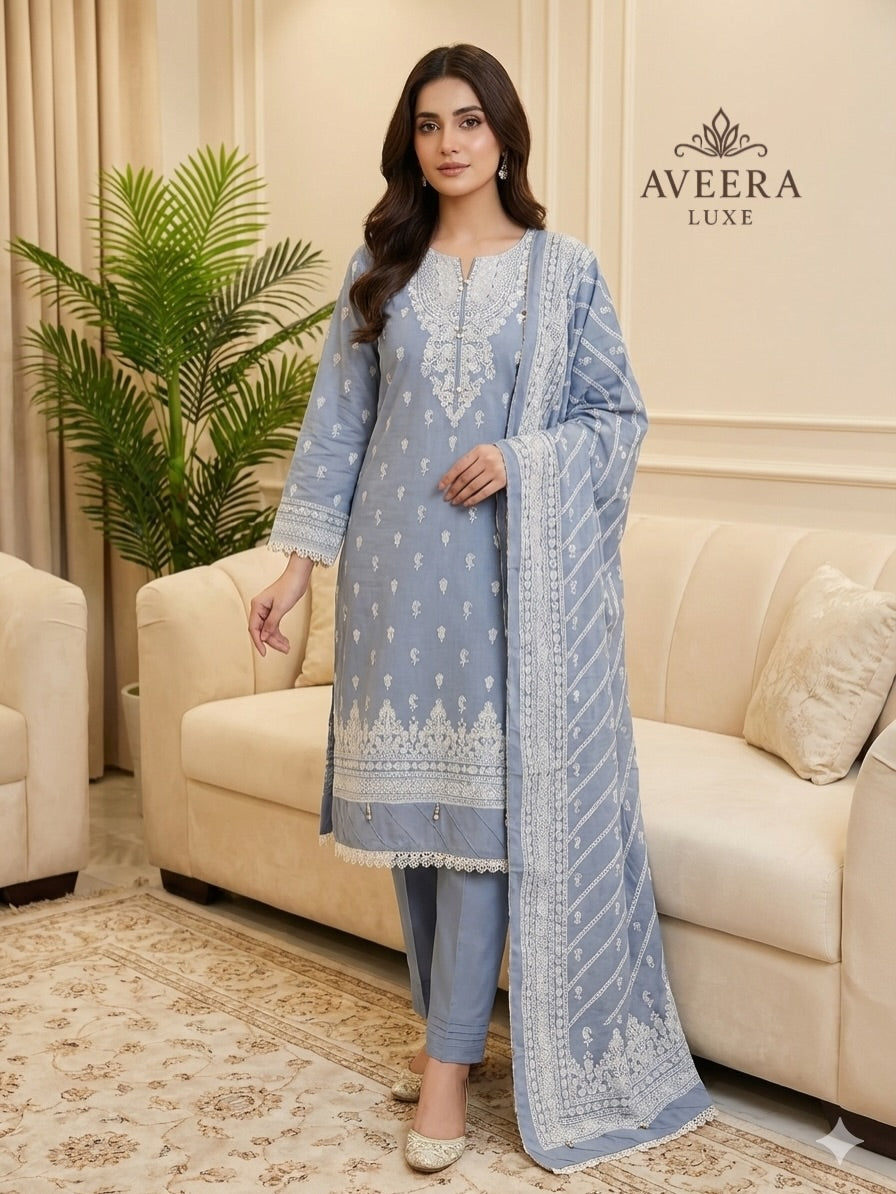 Pakistani Premium Cotton 3-Piece Shalwar Suit in Dusty Blue with Block Print & Pearl Buttons (M/L)