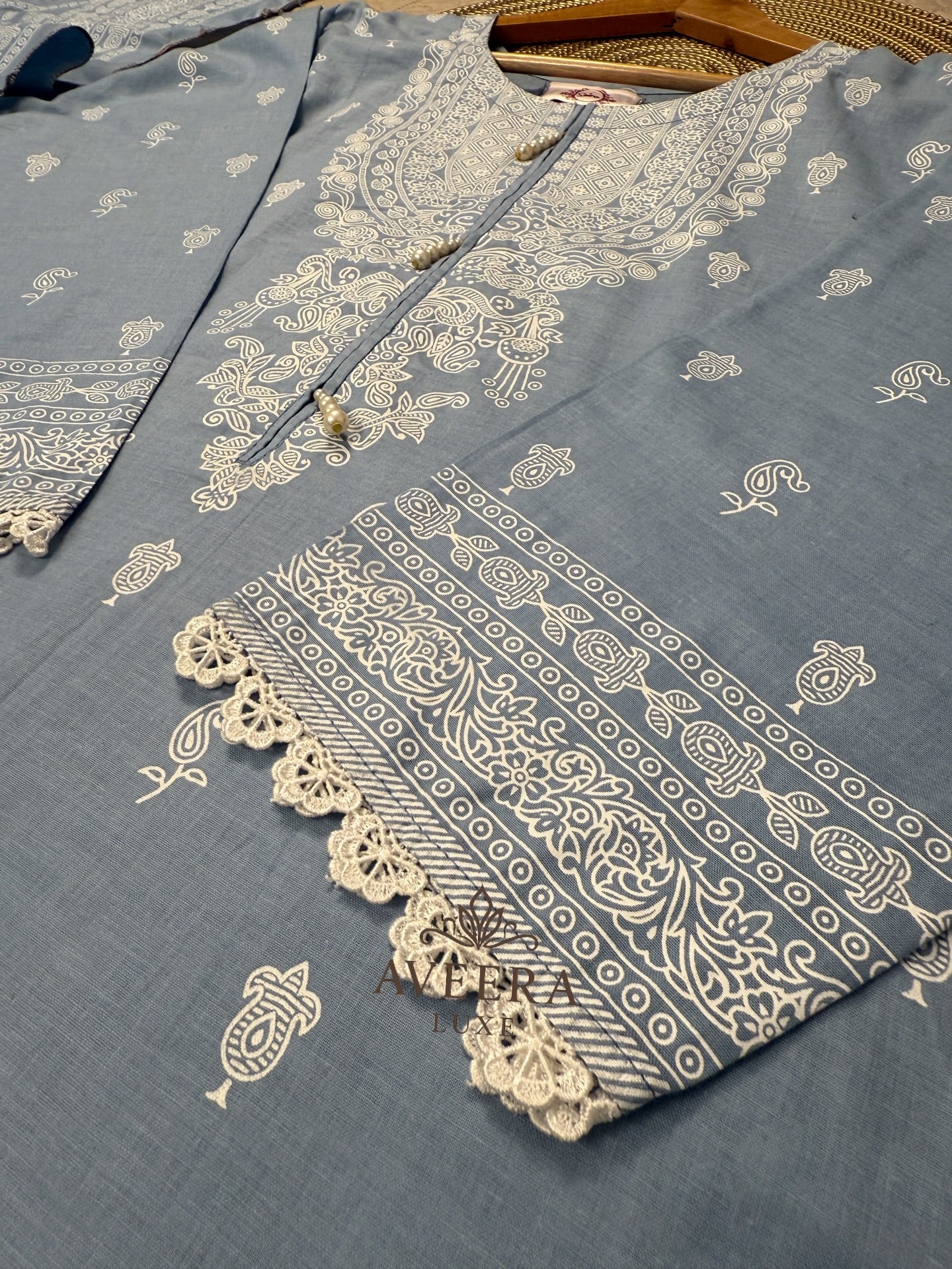 Pakistani Premium Cotton 3-Piece Shalwar Suit in Dusty Blue with Block Print & Pearl Buttons (M/L)