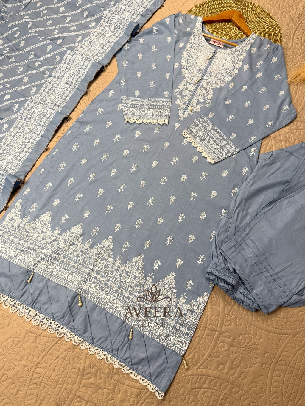 Pakistani Premium Cotton 3-Piece Shalwar Suit in Dusty Blue with Block Print & Pearl Buttons (M/L)