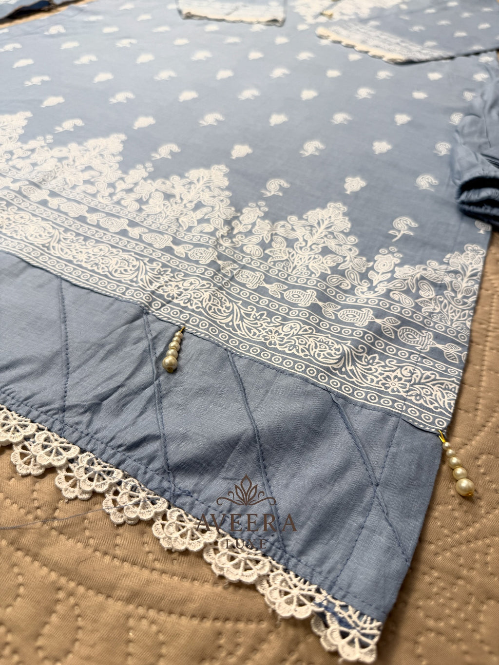 Pakistani Premium Cotton 3-Piece Shalwar Suit in Dusty Blue with Block Print & Pearl Buttons (M/L)