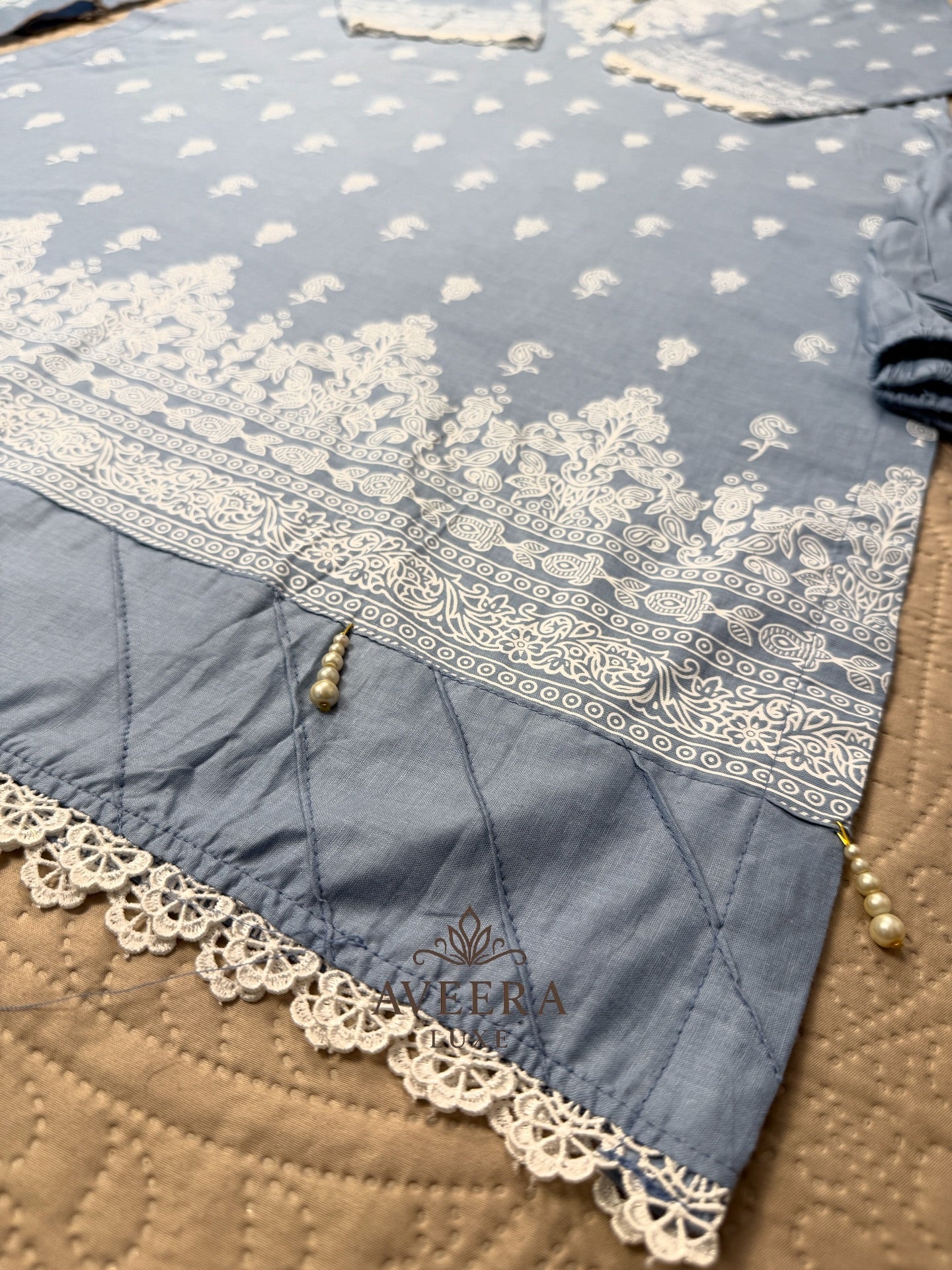 Pakistani Premium Cotton 3-Piece Shalwar Suit in Dusty Blue with Block Print & Pearl Buttons (M/L)