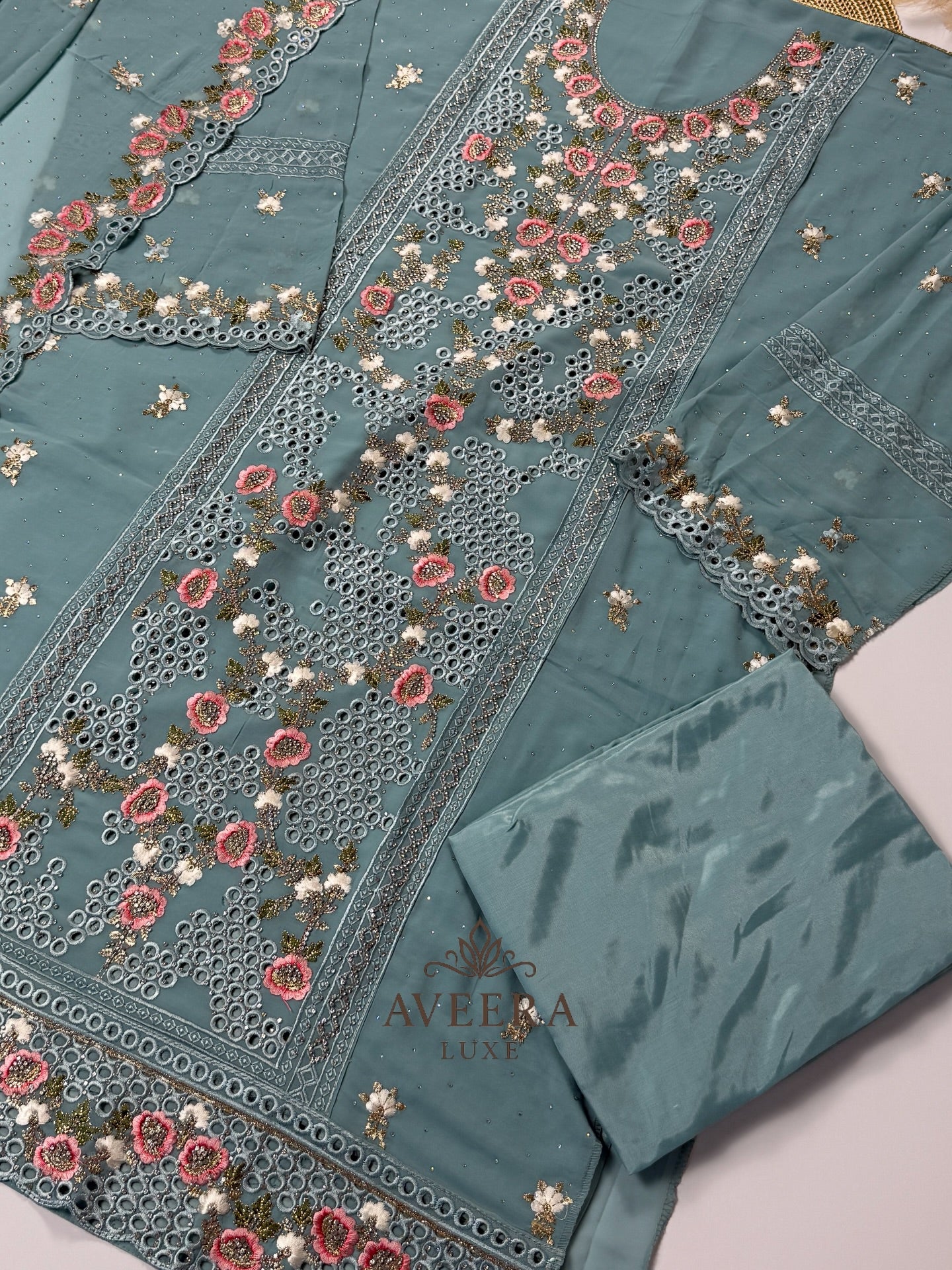 Georgette Party Wear Unstitched Suit with Floral Embroidery & Sequins (Off-White/Pink/Beige/Blue)