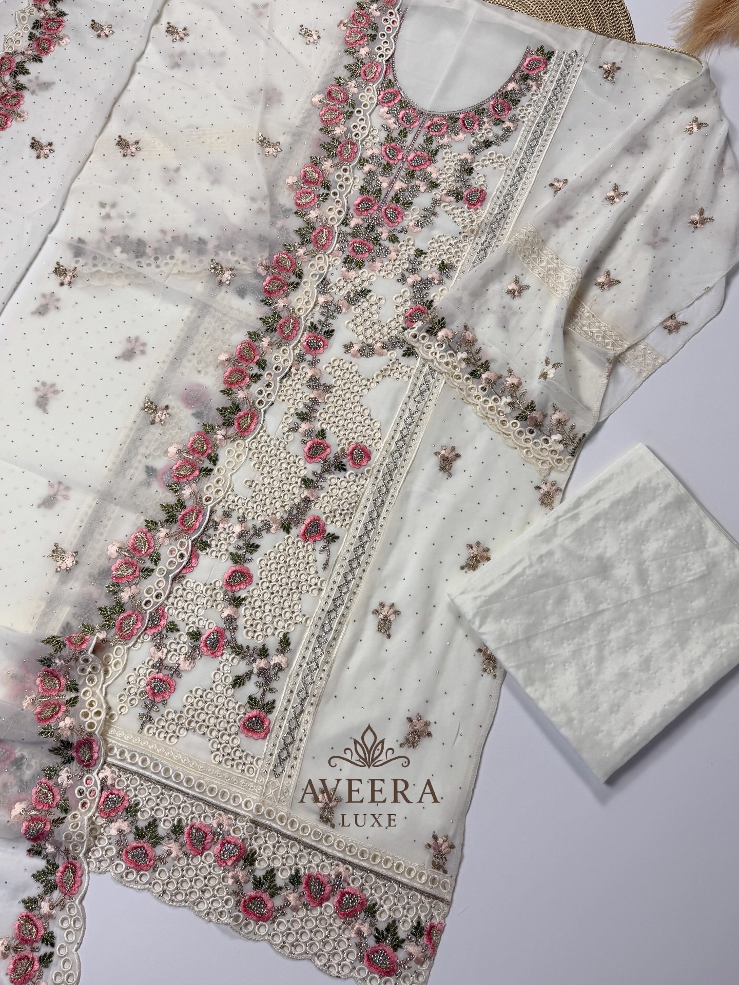 Georgette Party Wear Unstitched Suit with Floral Embroidery & Sequins (Off-White/Pink/Beige/Blue)