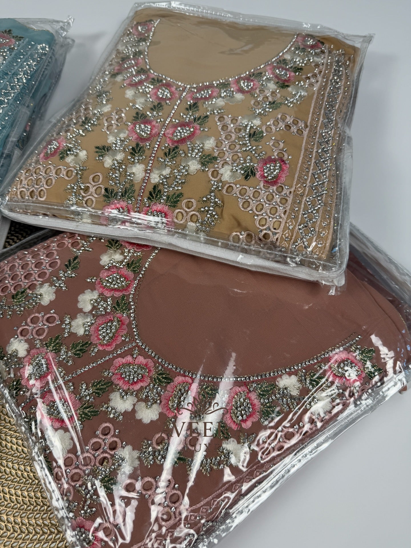 Georgette Party Wear Unstitched Suit with Floral Embroidery & Sequins (Off-White/Pink/Beige/Blue)