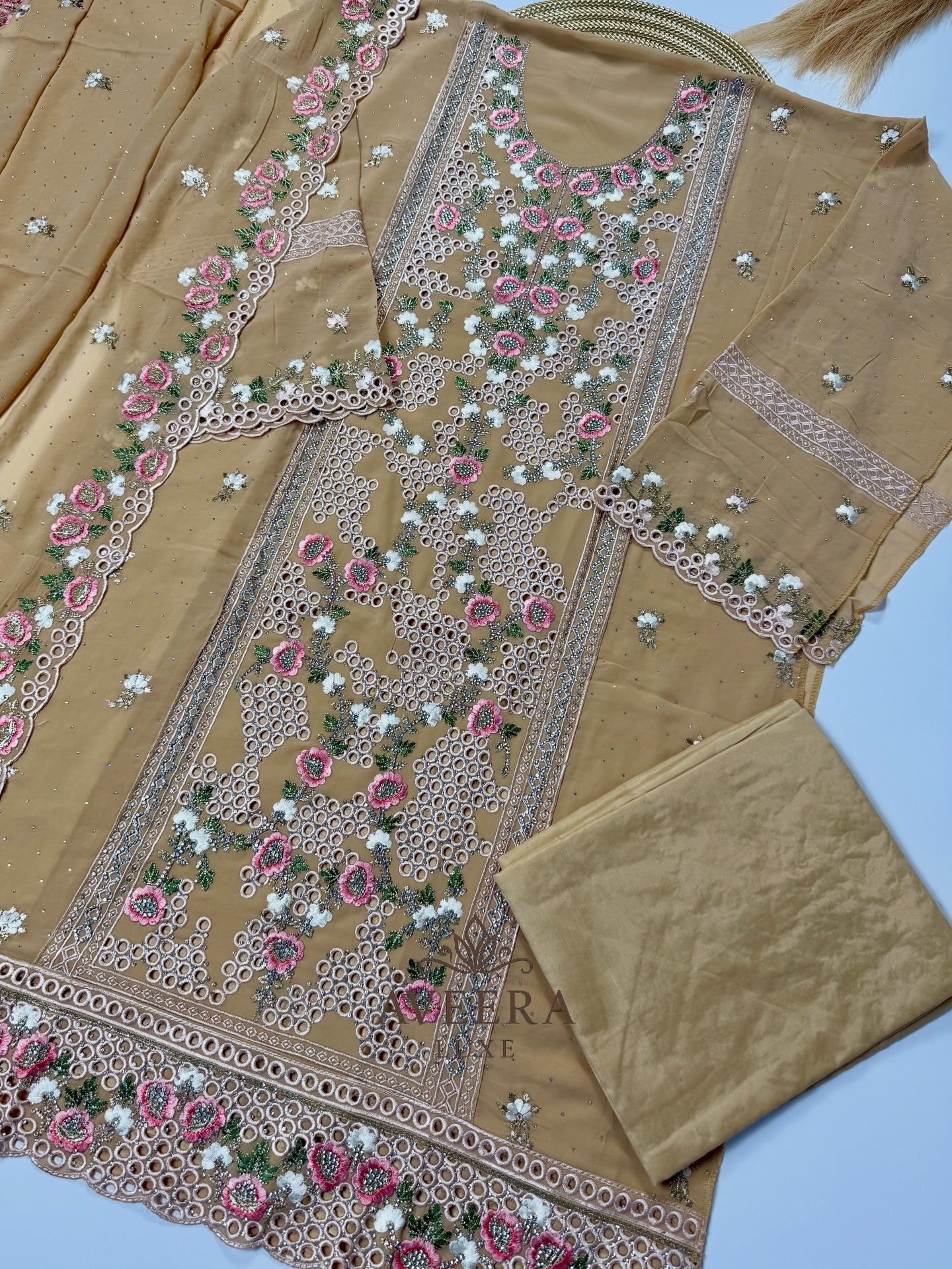 Georgette Party Wear Unstitched Suit with Floral Embroidery & Sequins (Off-White/Pink/Beige/Blue)