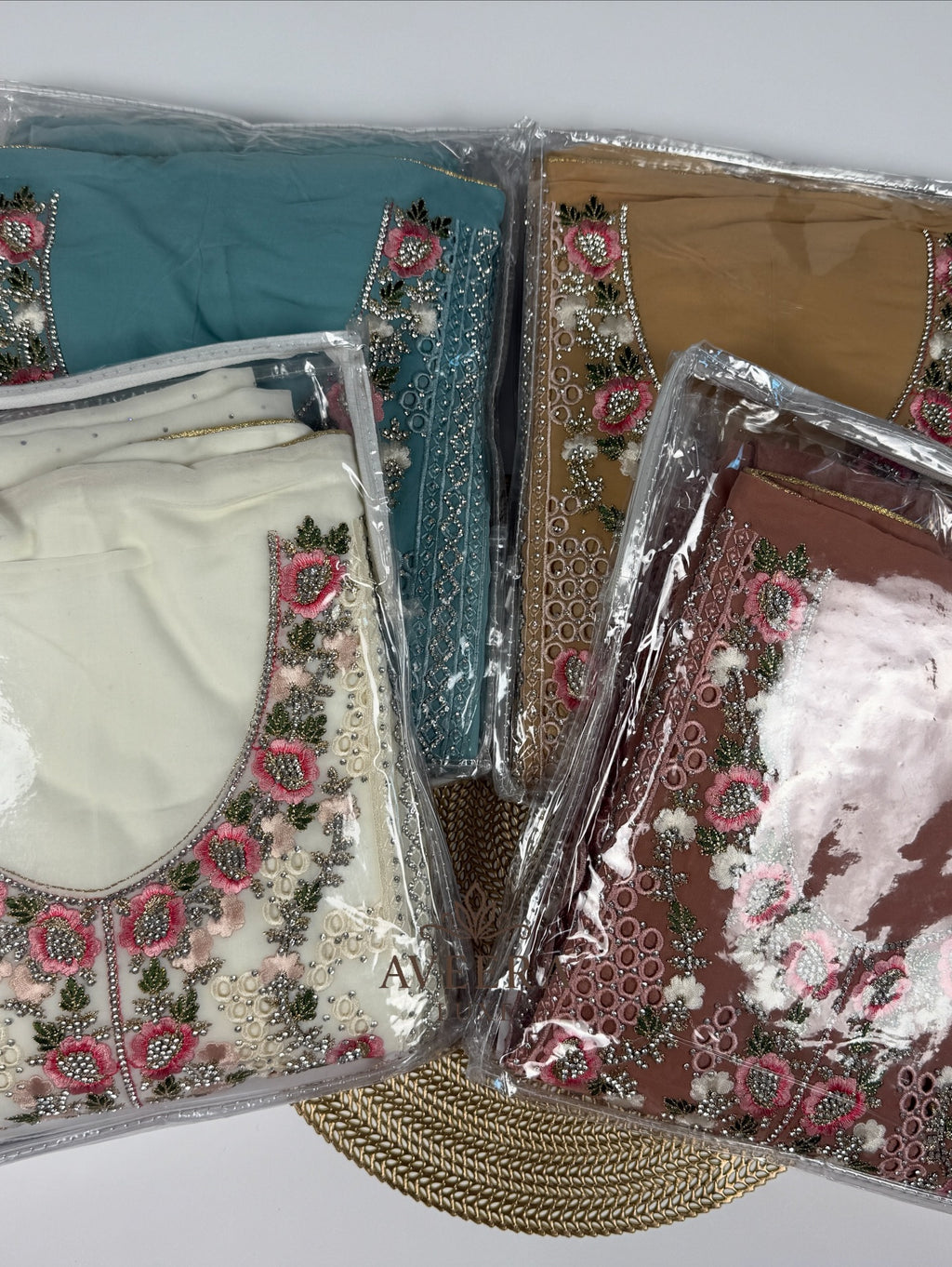 Georgette Party Wear Unstitched Suit with Floral Embroidery & Sequins (Off-White/Pink/Beige/Blue)