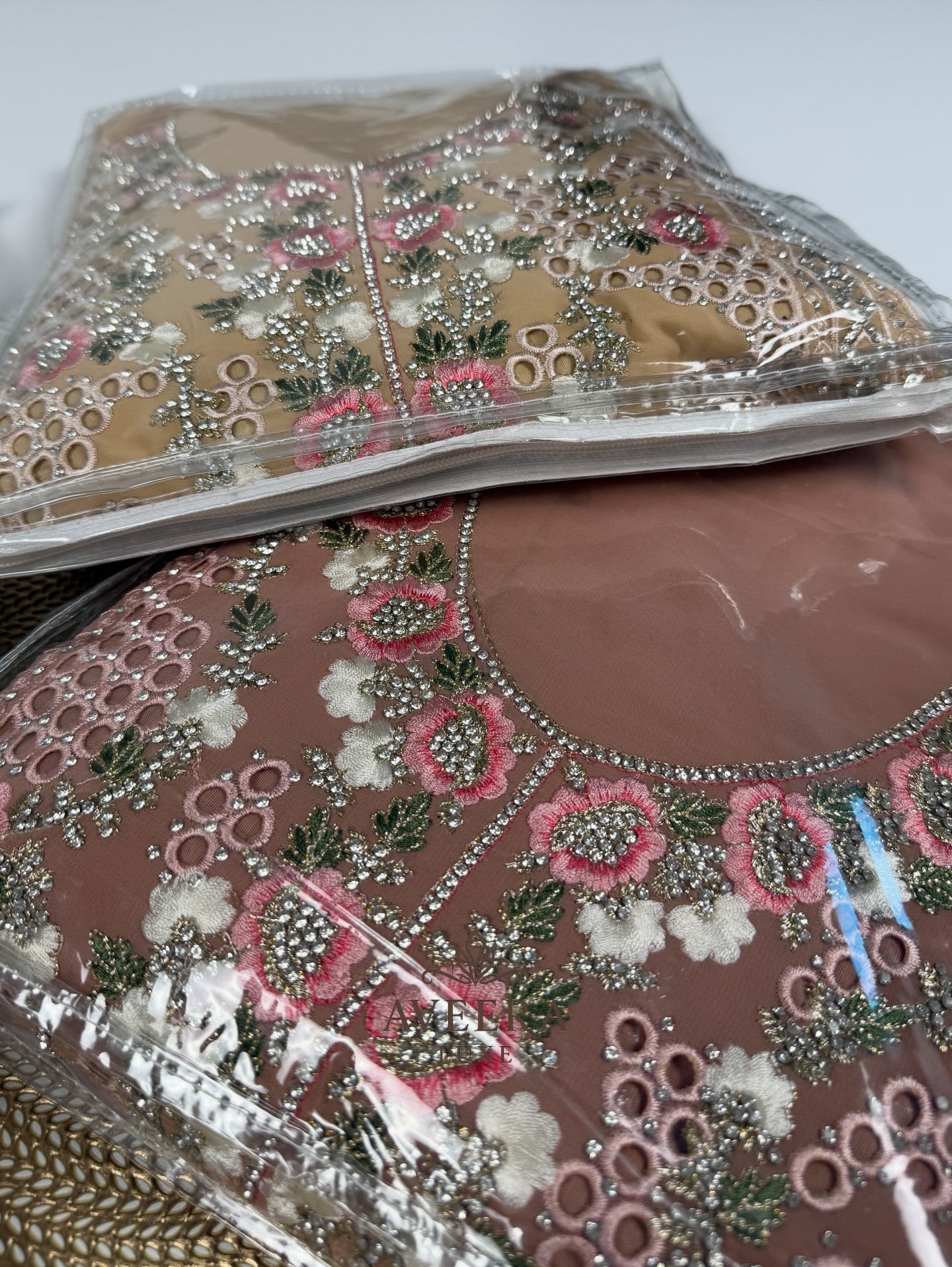 Georgette Party Wear Unstitched Suit with Floral Embroidery & Sequins (Off-White/Pink/Beige/Blue)