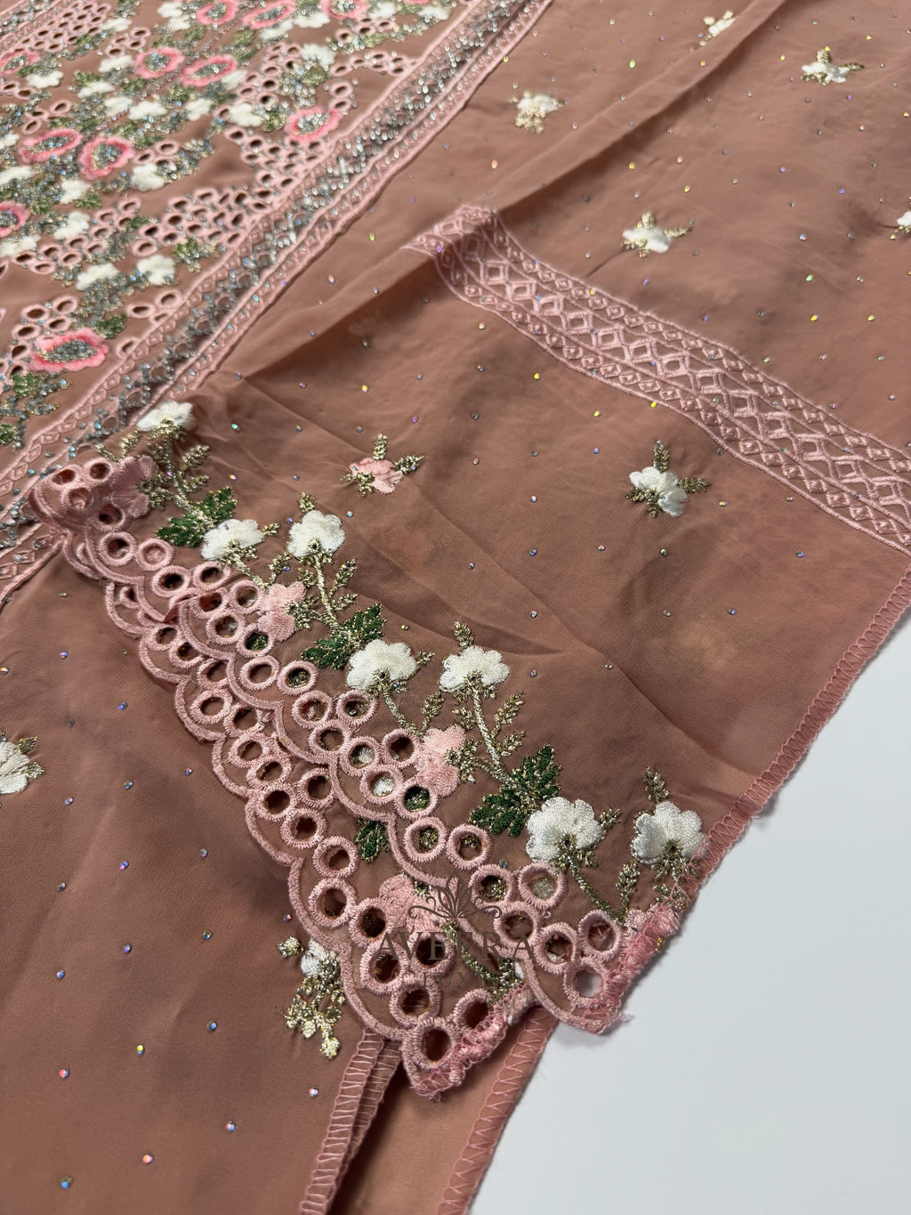 Georgette Party Wear Unstitched Suit with Floral Embroidery & Sequins (Off-White/Pink/Beige/Blue)