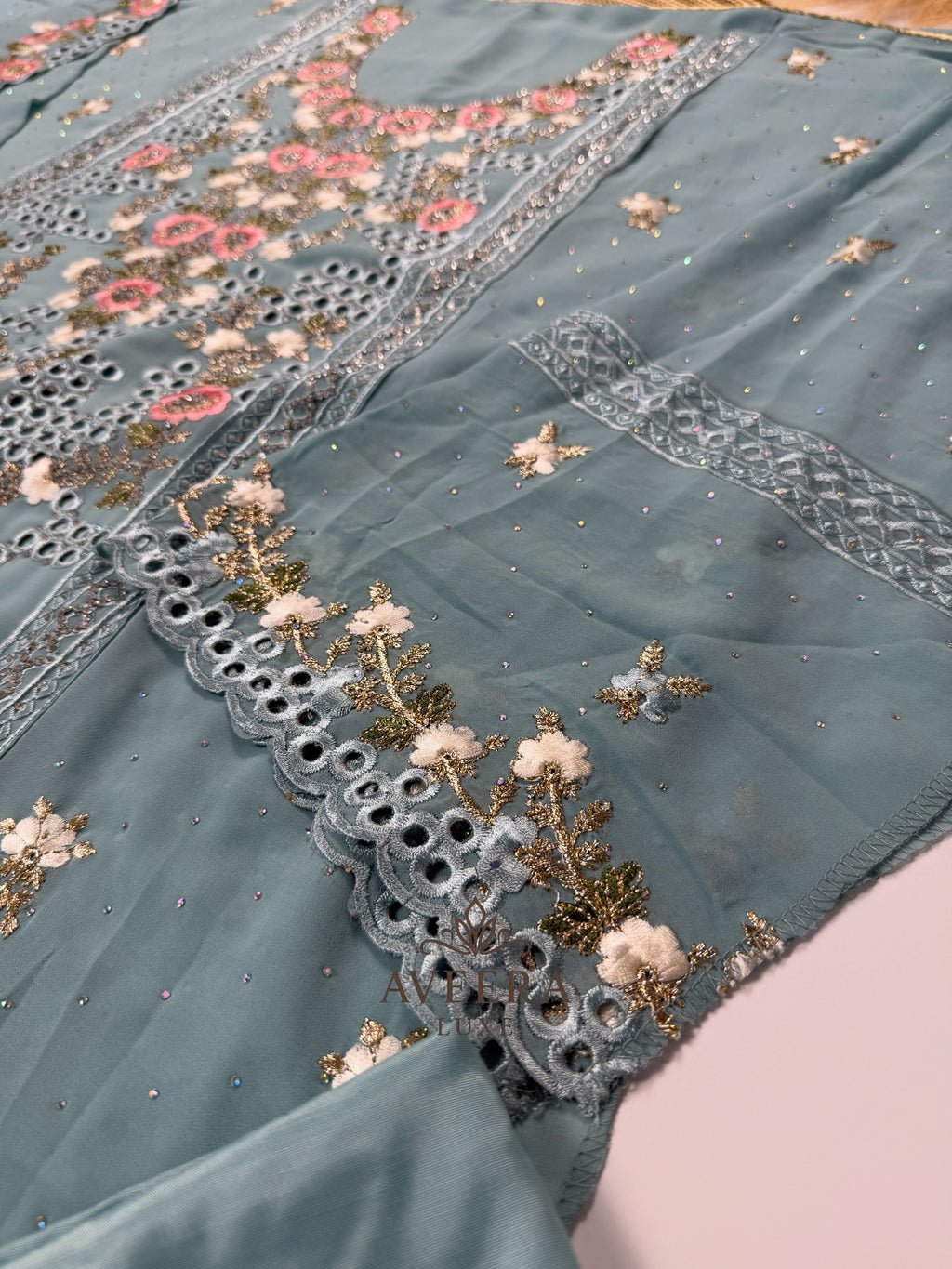 Georgette Party Wear Unstitched Suit with Floral Embroidery & Sequins (Off-White/Pink/Beige/Blue)