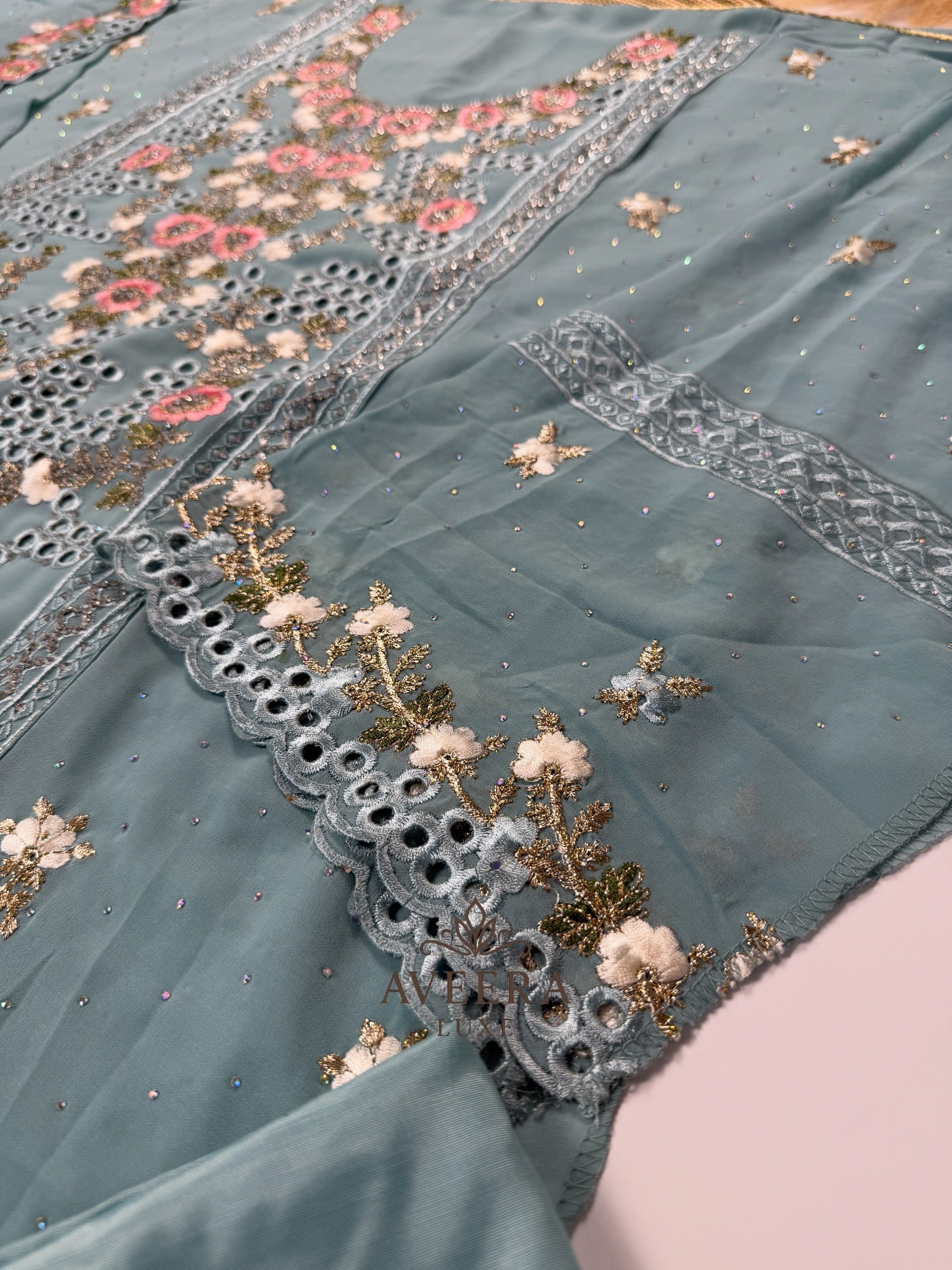 Georgette Party Wear Unstitched Suit with Floral Embroidery & Sequins (Off-White/Pink/Beige/Blue)