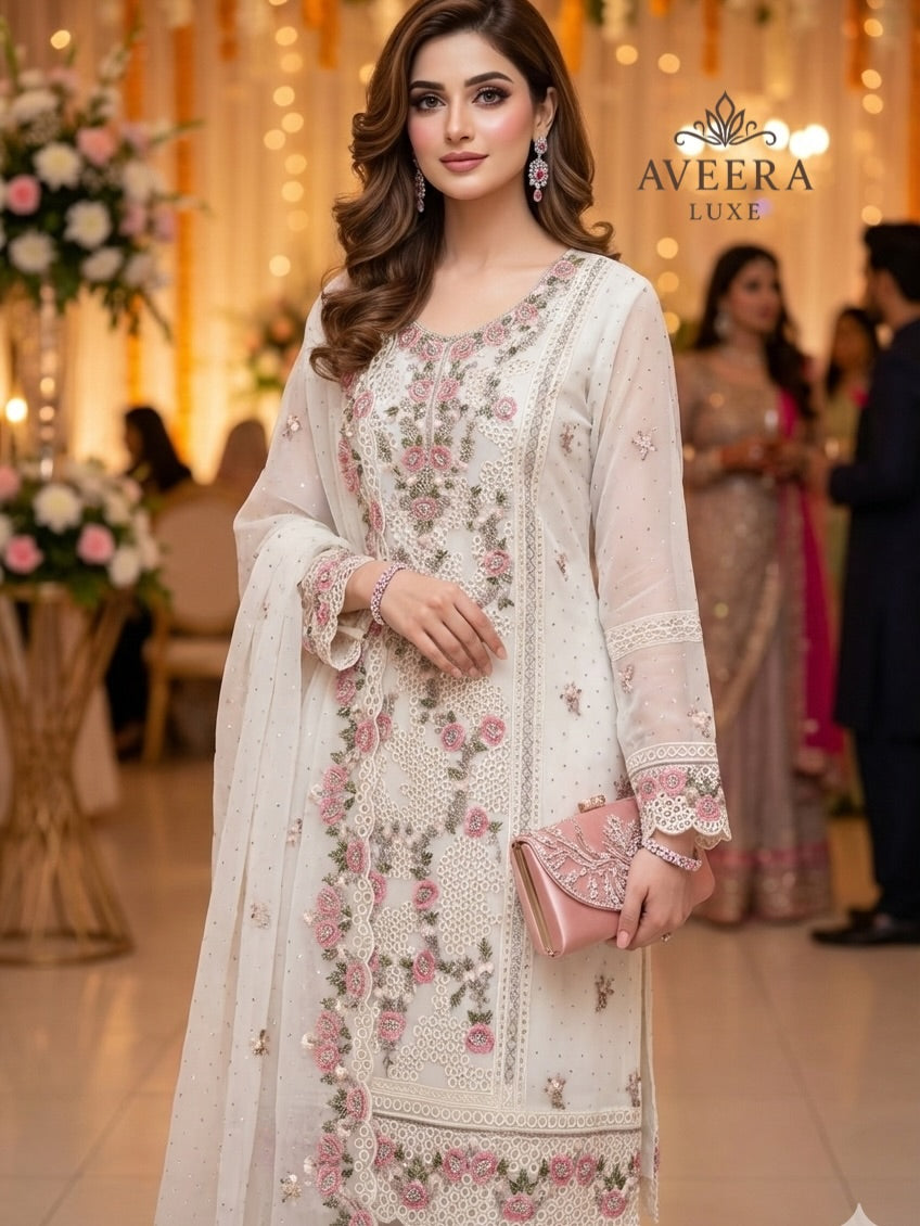 Georgette Party Wear Unstitched Suit with Floral Embroidery & Sequins (Off-White/Pink/Beige/Blue)