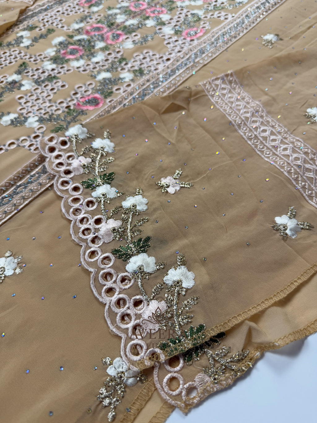 Georgette Party Wear Unstitched Suit with Floral Embroidery & Sequins (Off-White/Pink/Beige/Blue)