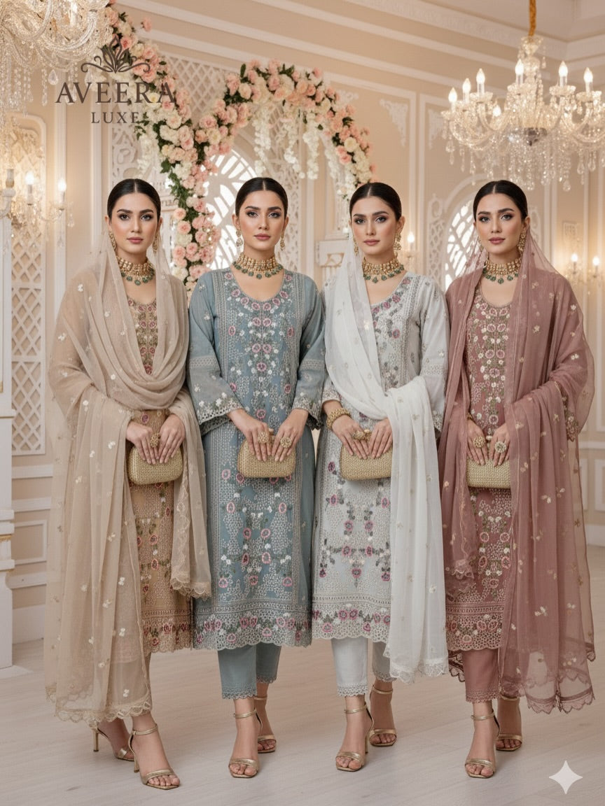 Georgette Party Wear Unstitched Suit with Floral Embroidery & Sequins (Off-White/Pink/Beige/Blue)